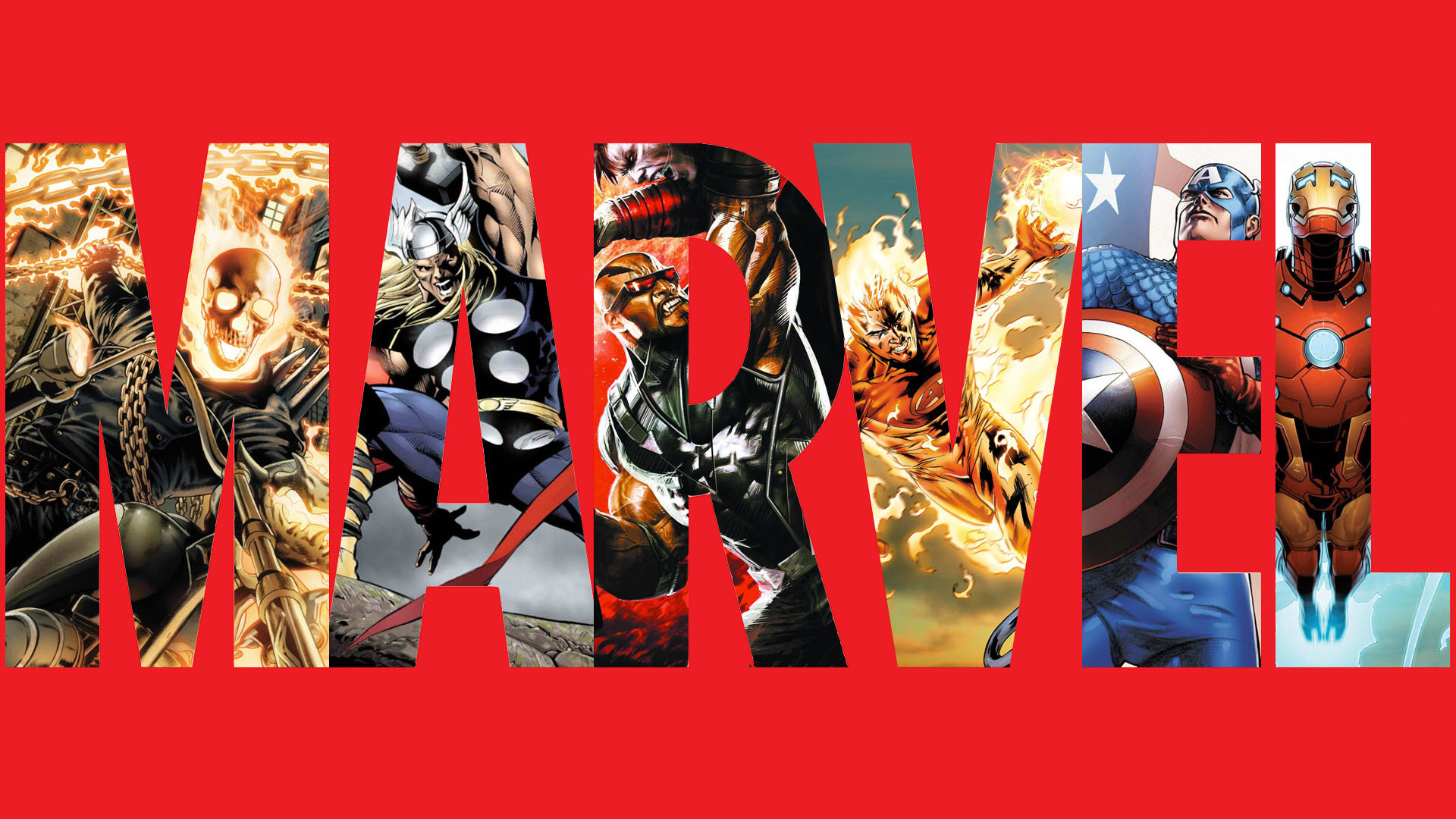 Logo Marvel, Marvel, Ghost Rider, Capitan America, Iron Man, Rosso, sfondo 1920x1080 per PC