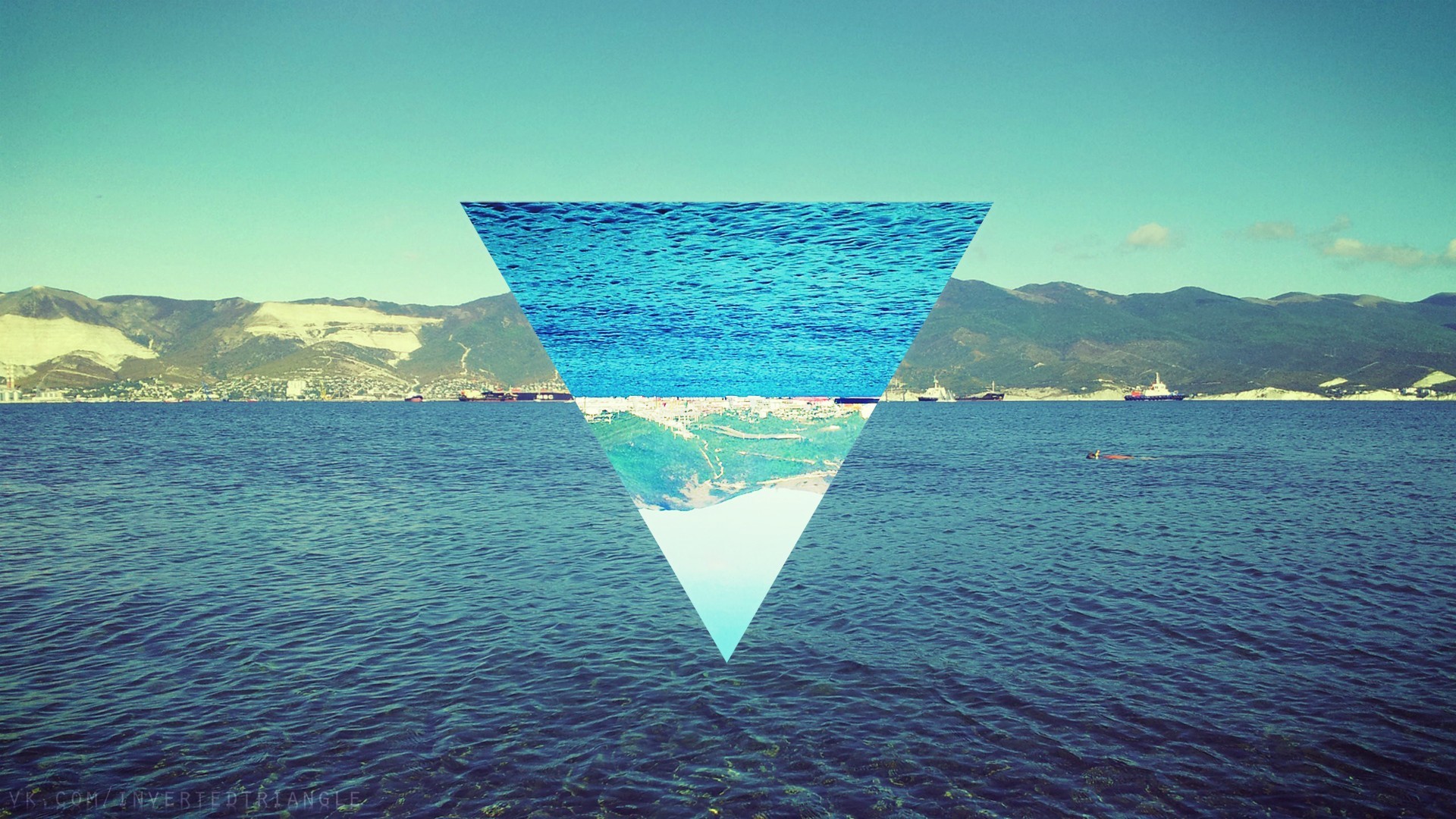 Triangolo, Mare, Montagne, Collage, 16:9 Full HD, sfondo widescreen