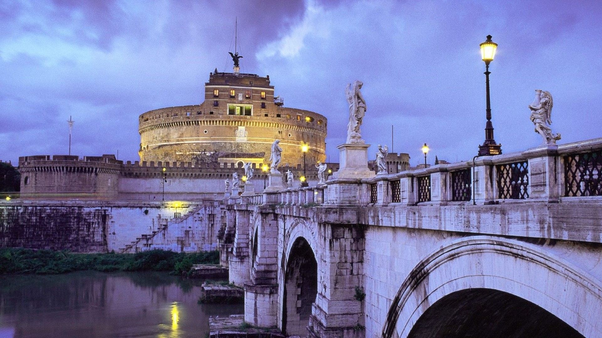 Castel Sant'Angelo, Ponte Sant'Angelo, Roma, Crepuscolo, Full HD, sfondo Windows 11
