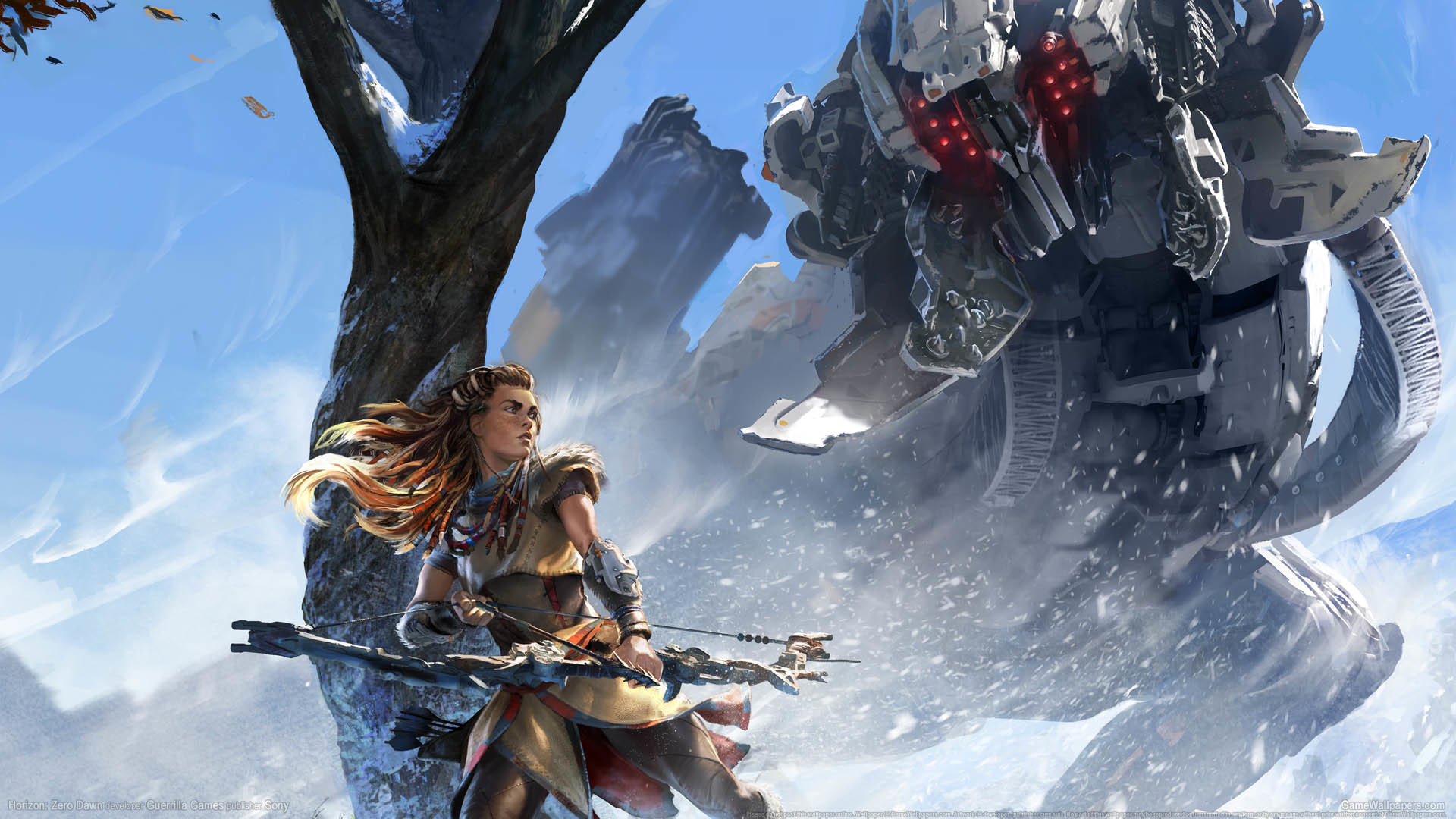 Aloy, Horizon Zero Dawn, Neve, Arco, Full HD, wallpaper desktop