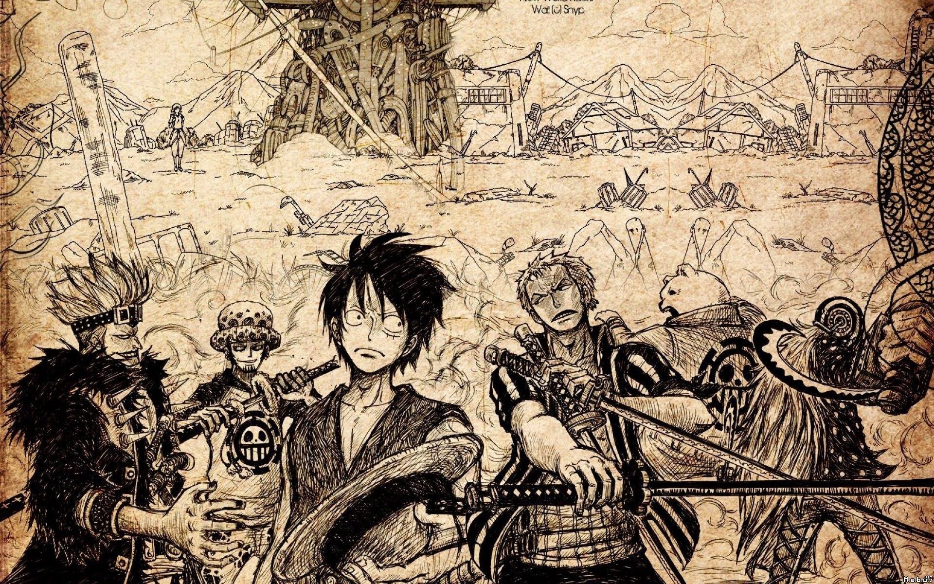 Trafalgar Law, Monkey D. Luffy, Roronoa Zoro, Manga, Seppia, 1920x1200, sfondo MacBook Pro
