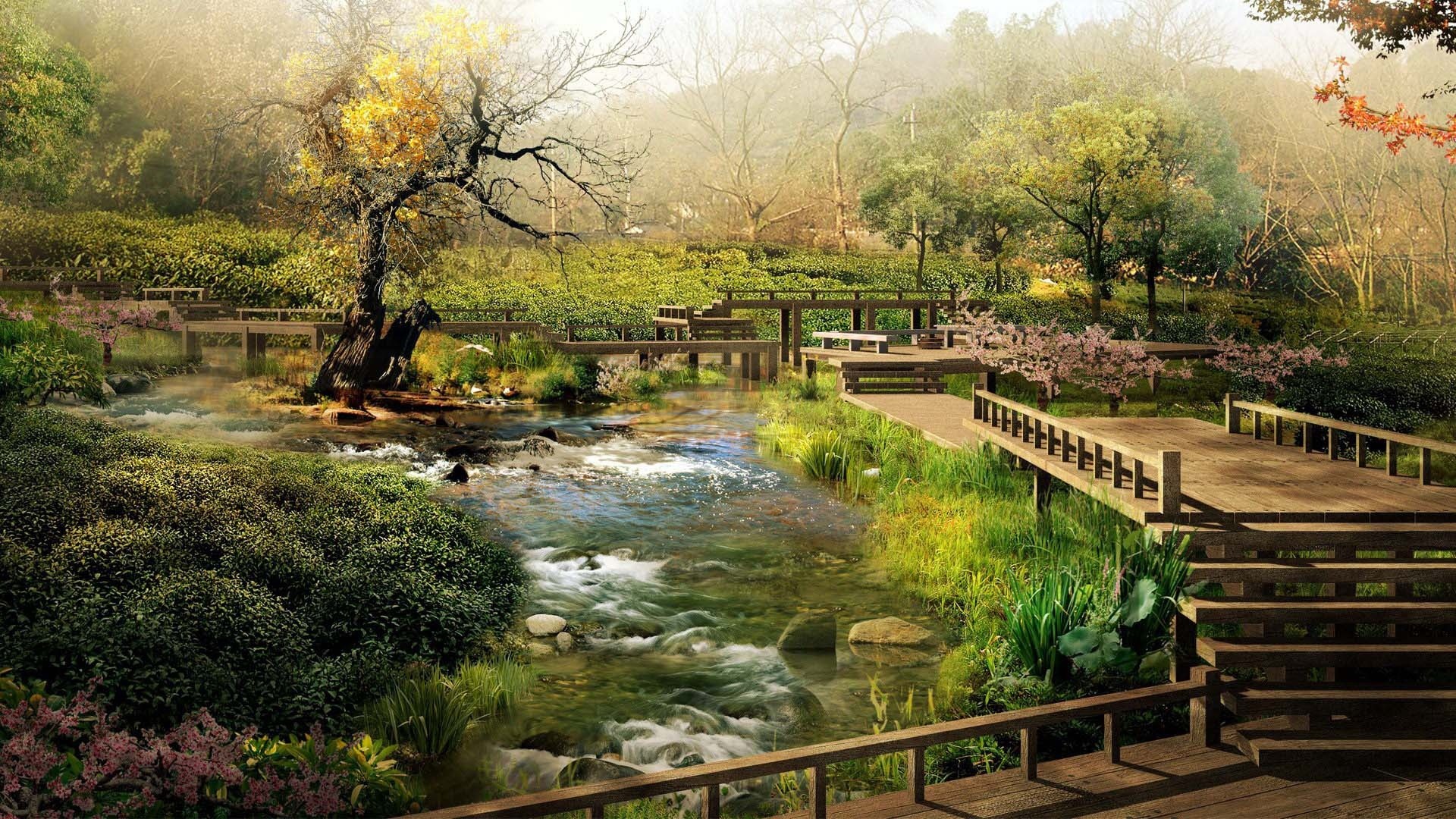 Giardino giapponese, Ruscello, Passerella di legno, Natura, 1920x1080, wallpaper desktop