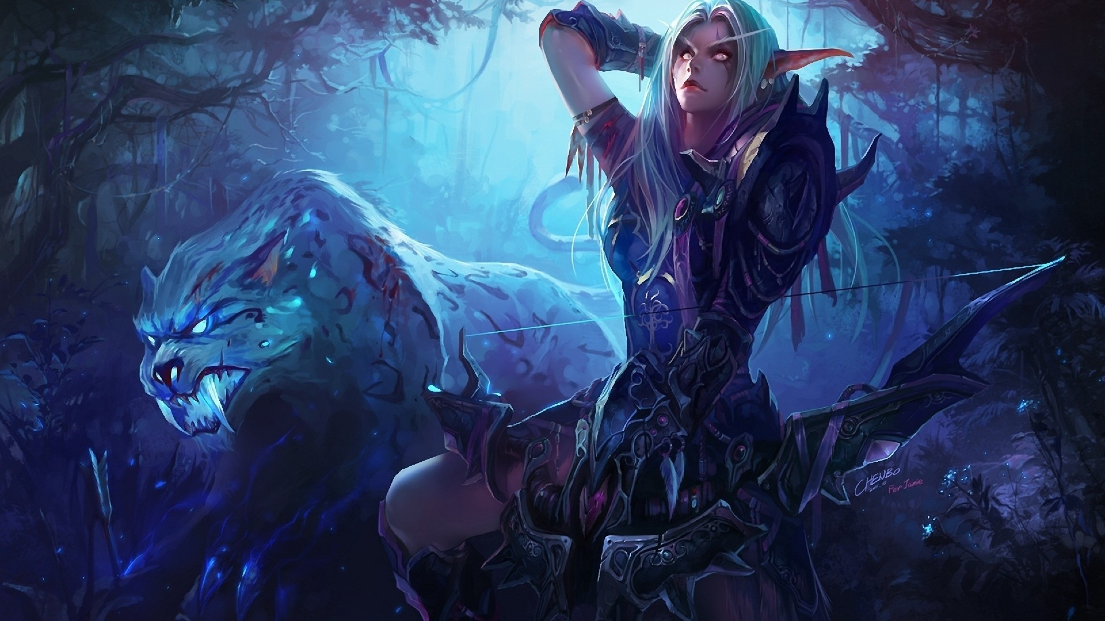 Elfa della notte, World of Warcraft, Tigre spettrale, Cacciatrice, Notte blu, sfondo Ultra HD