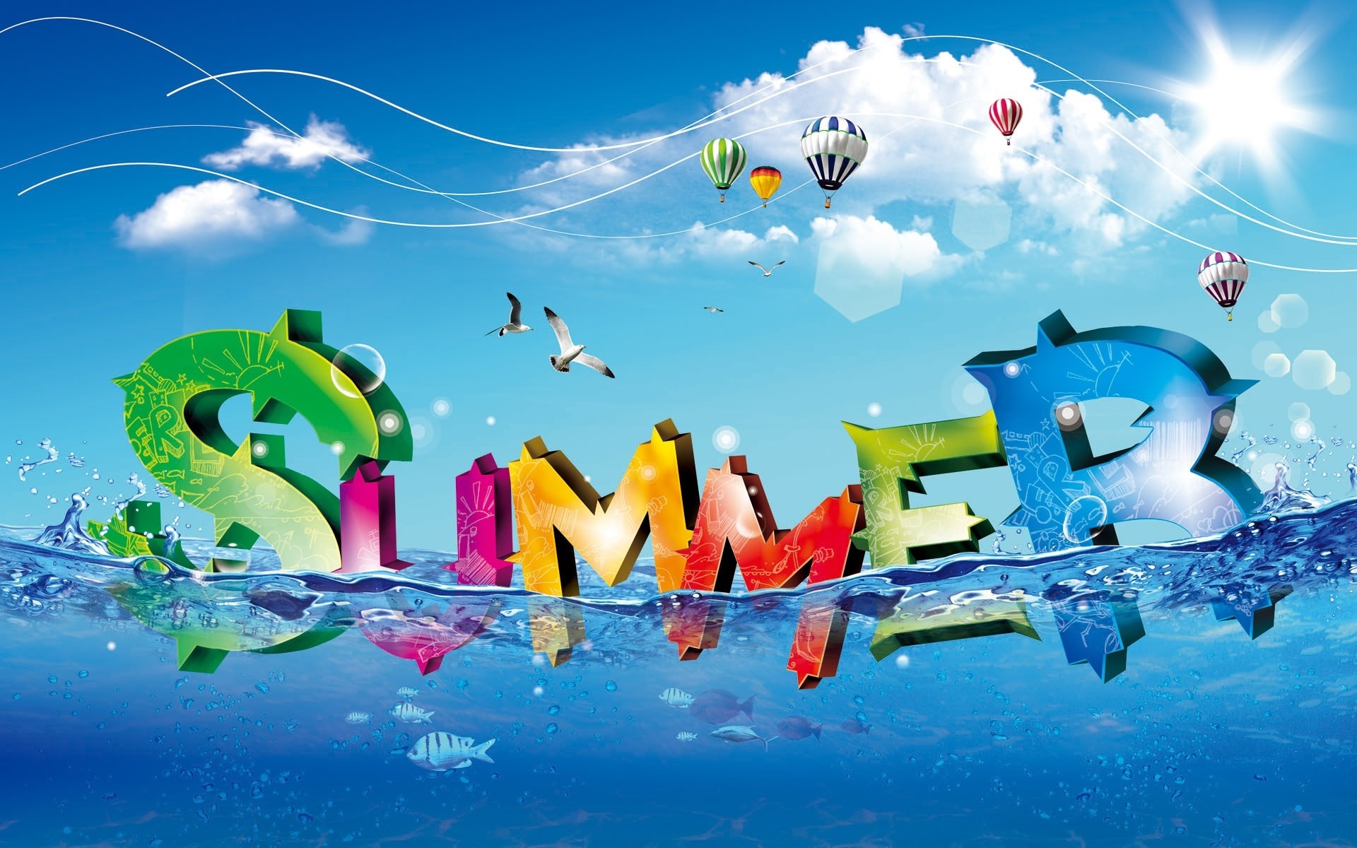 Summer, Lettere 3D, Mongolfiere, Mare, Full HD, sfondo per portatile