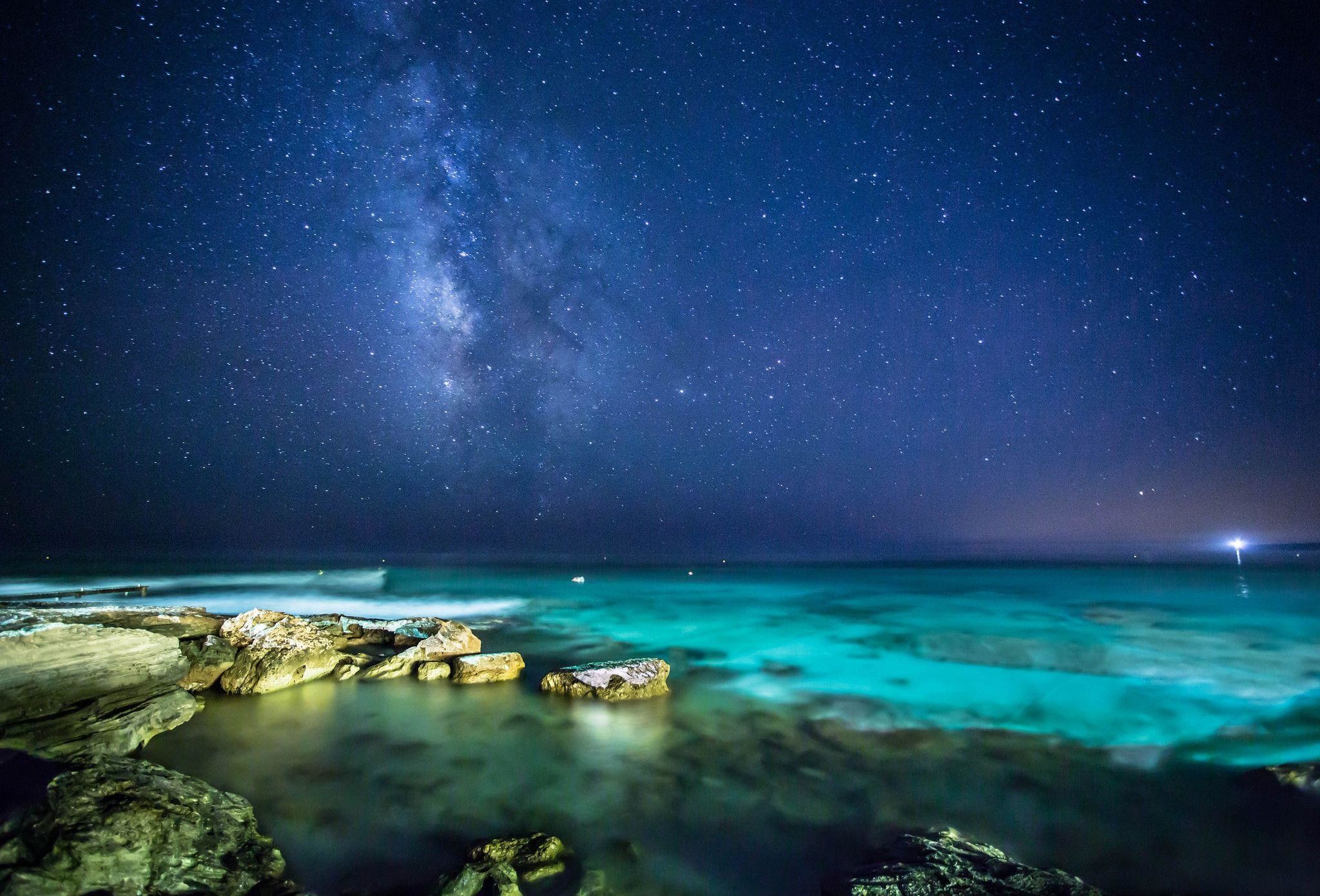 Via Lattea, Mare, Scogli, Faro, Notte, Full HD, sfondo per portatile