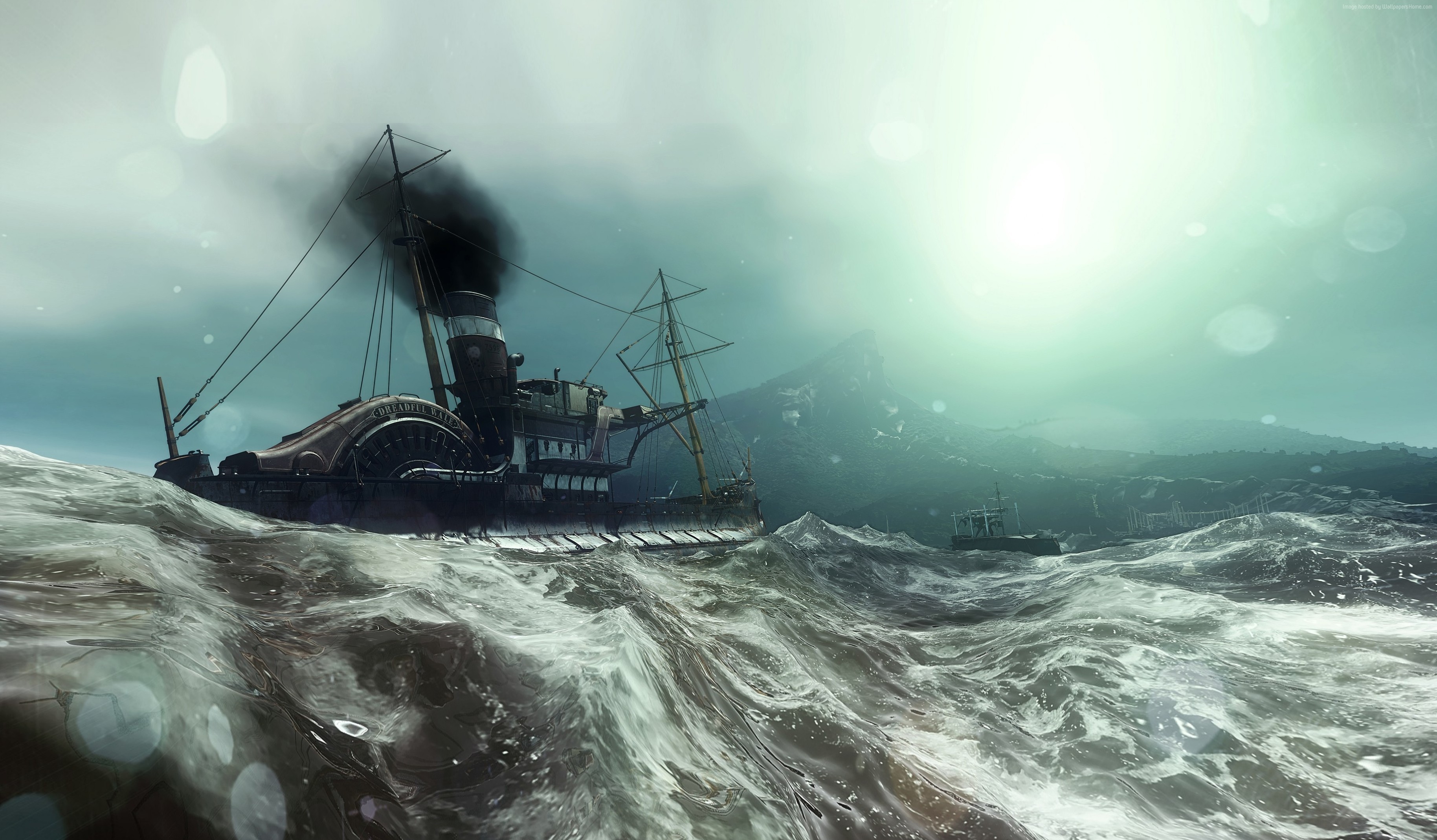 Dishonored, Nave a vapore, Mare in tempesta, Arte concettuale, 2K, sfondo per PC e portatile