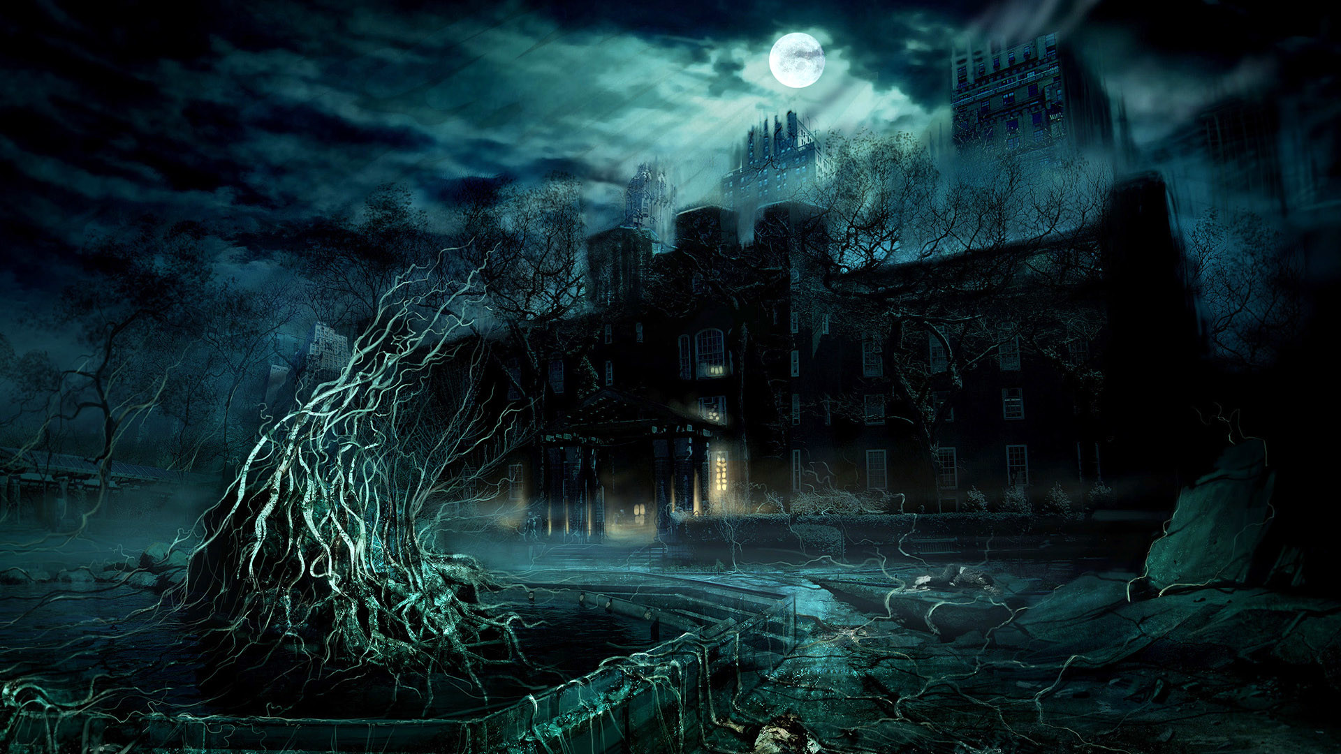 Casa infestata, Notte, Luna, Fantasy, Full HD, sfondo per portatile
