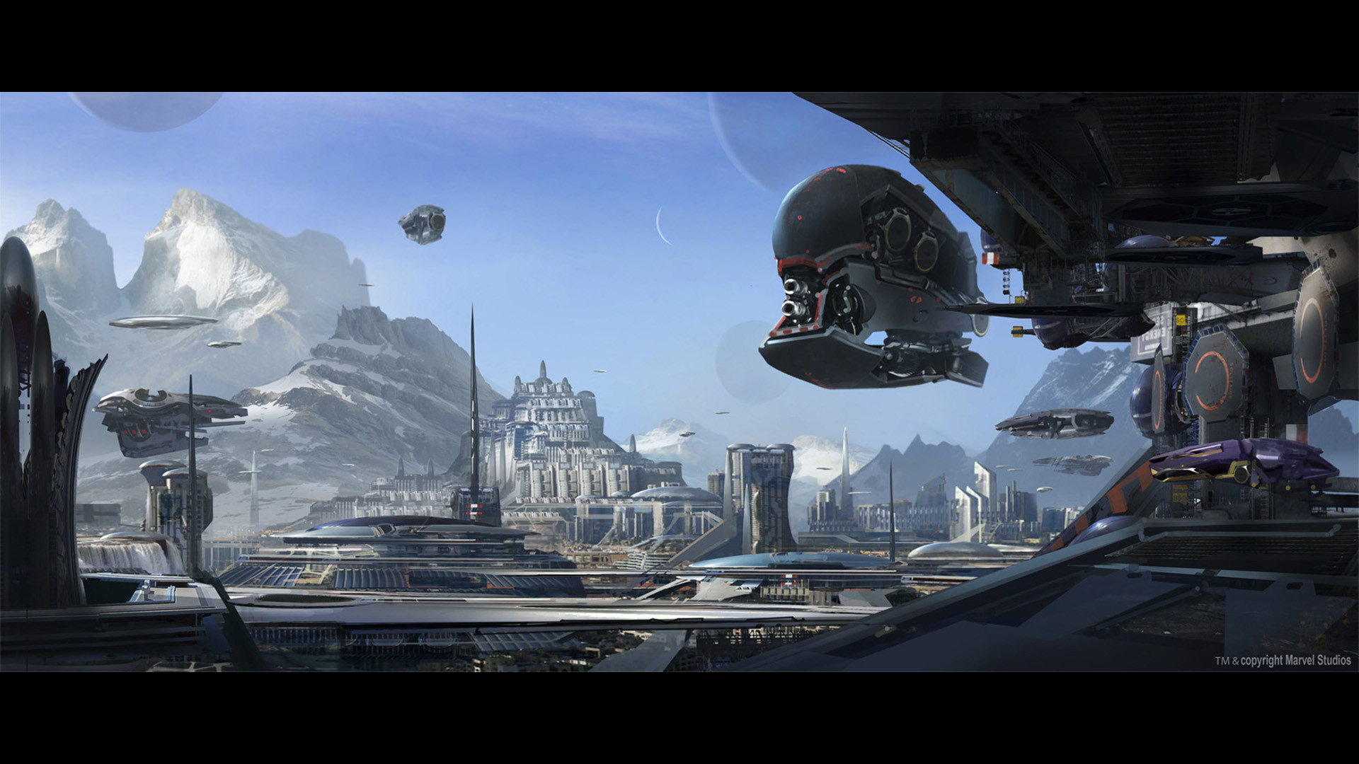 Città futuristica, Astronavi, Montagne, Concept art, Full HD, sfondo per PC