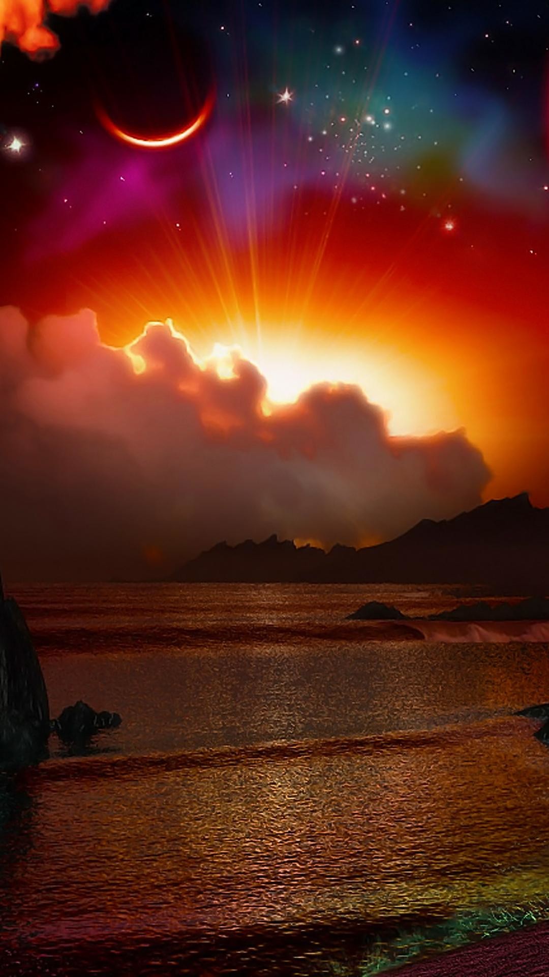 Tramonto, Nuvole, Mare, Arte fantasy, Luna, schermata Home iPhone 5