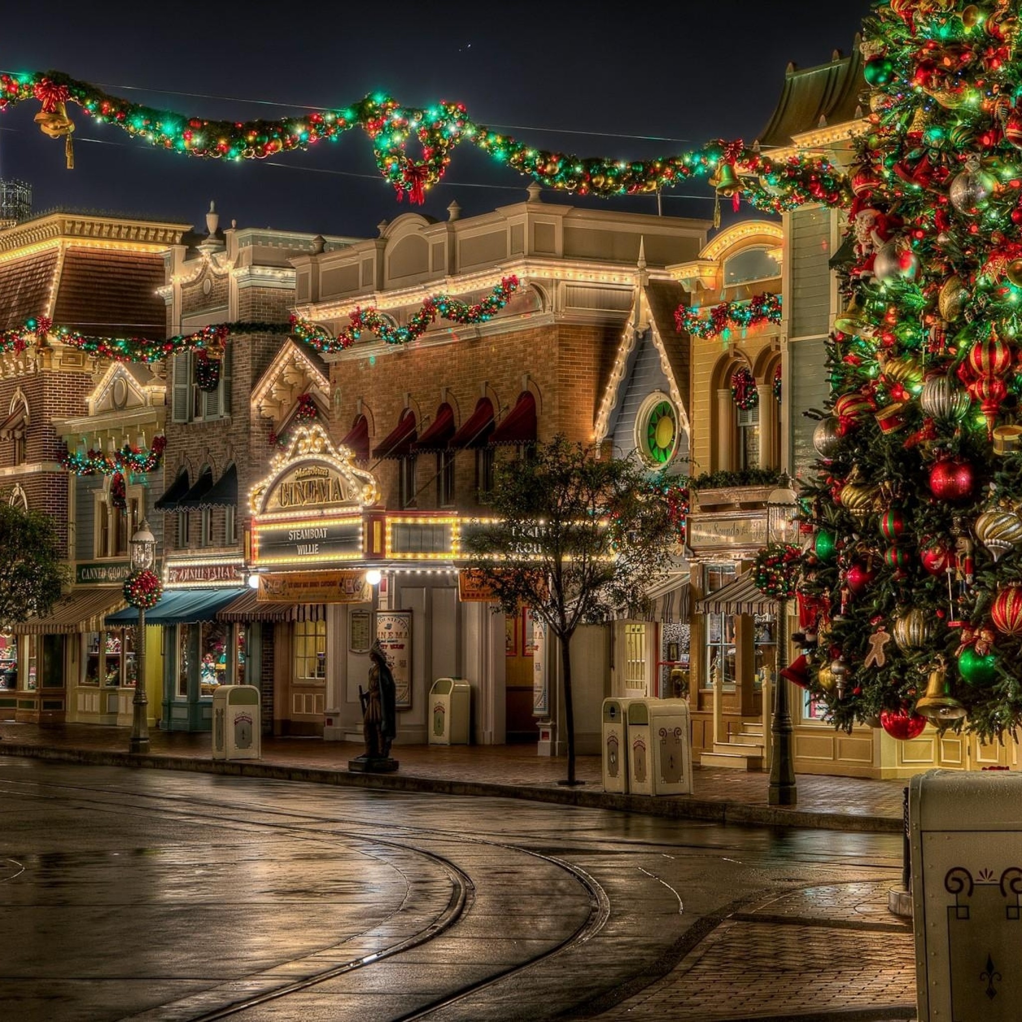 Main Street U.S.A., Natale, Ghirlande, Notte, Full HD, sfondo per iPad e tablet