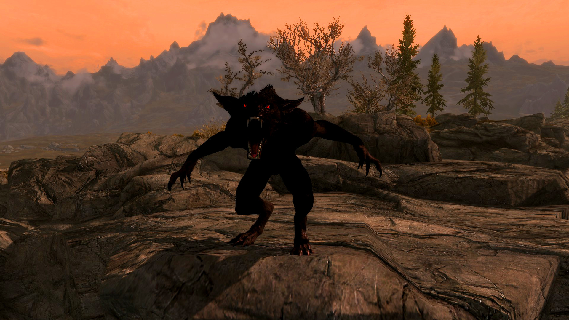 Lupo mannaro, The Elder Scrolls V: Skyrim, Montagne, Tramonto, Full HD, sfondo desktop
