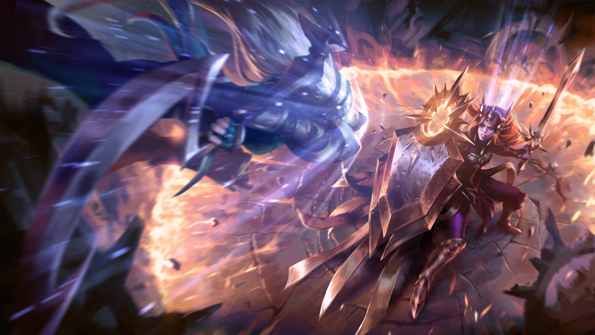 League of Legends, Leona, Battaglia, Viola, 16:9 Full HD, sfondo widescreen