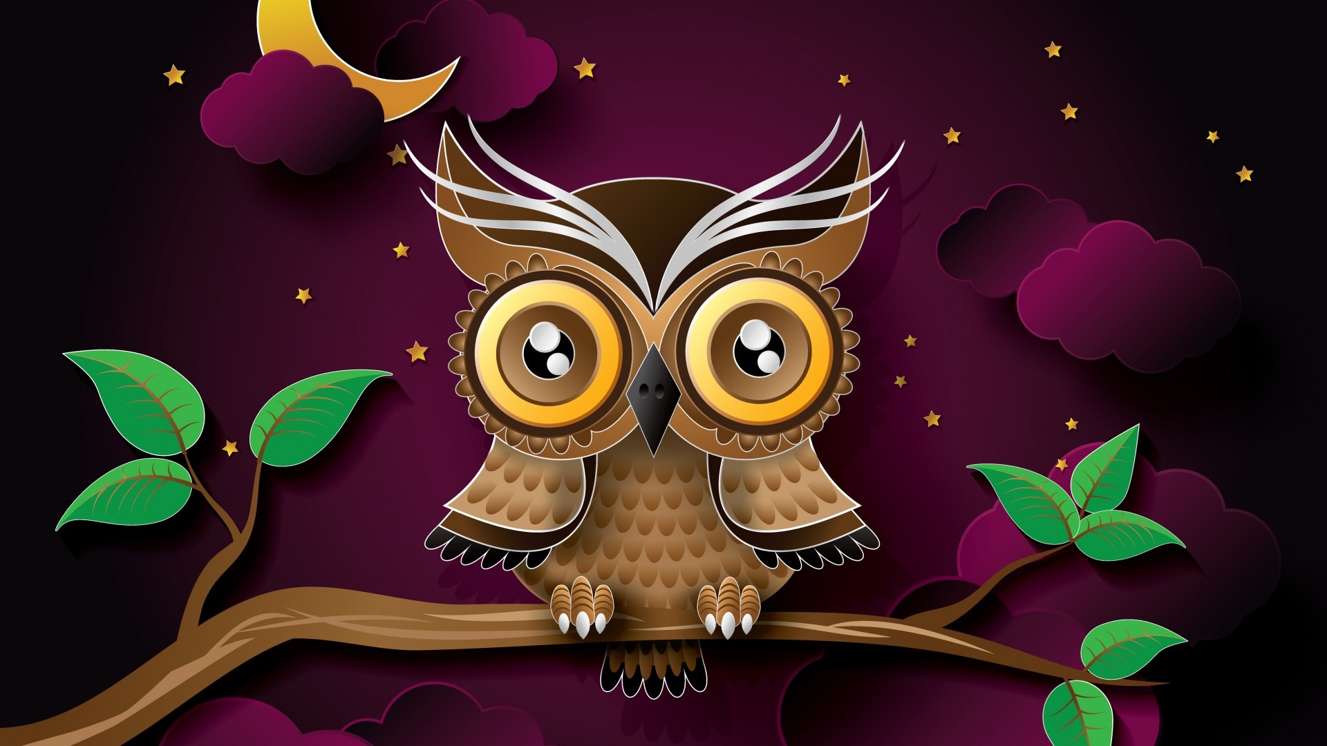 Gufo, Cartone animato, Ramo, Luna, Notte, Full HD, sfondo desktop