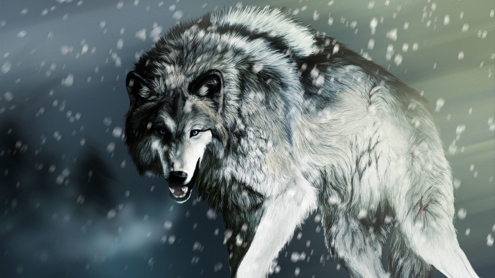 Lupo, Neve, Ringhio, Arte digitale, 1920x1080, immagine di sfondo