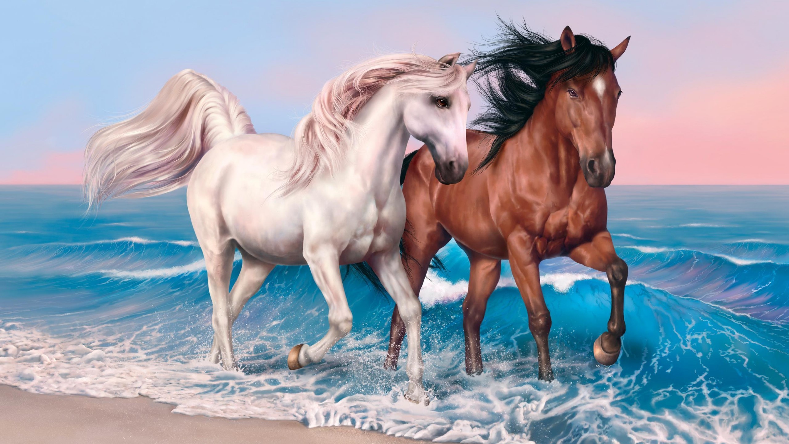 Cavalli, Onde, Pittura digitale, Mare, 2K, sfondo desktop