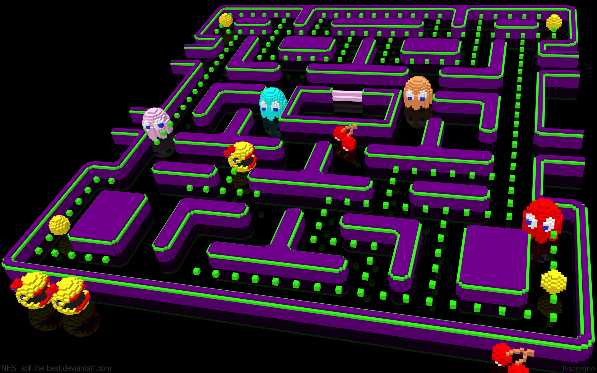Pac-Man, Labirinto 3D, Fantasmi, Viola, Rendering 3D, 1920x1200, sfondo MacBook Pro