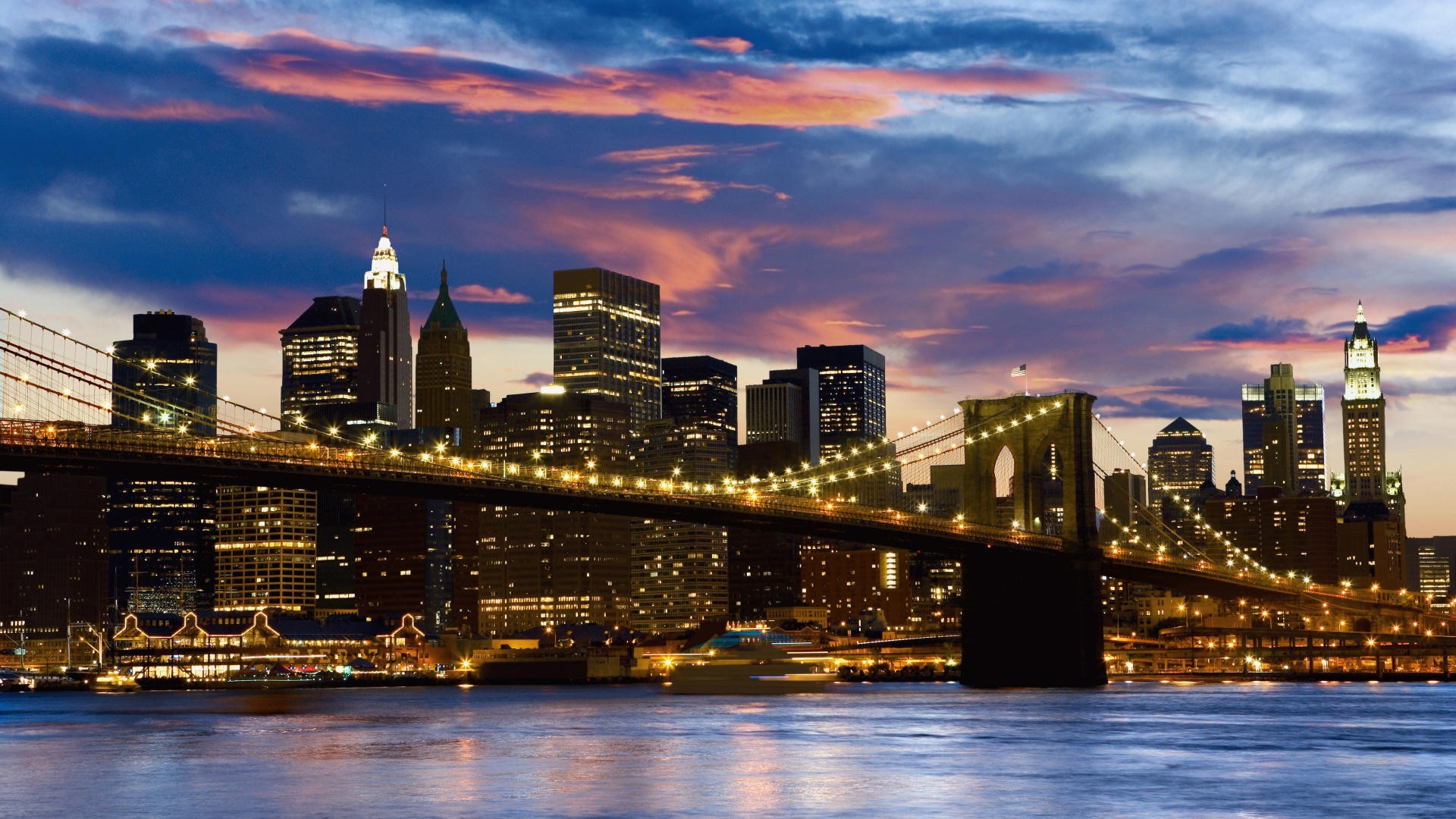 Ponte di Brooklyn, New York, Manhattan, Skyline, Crepuscolo, Full HD, wallpaper per computer