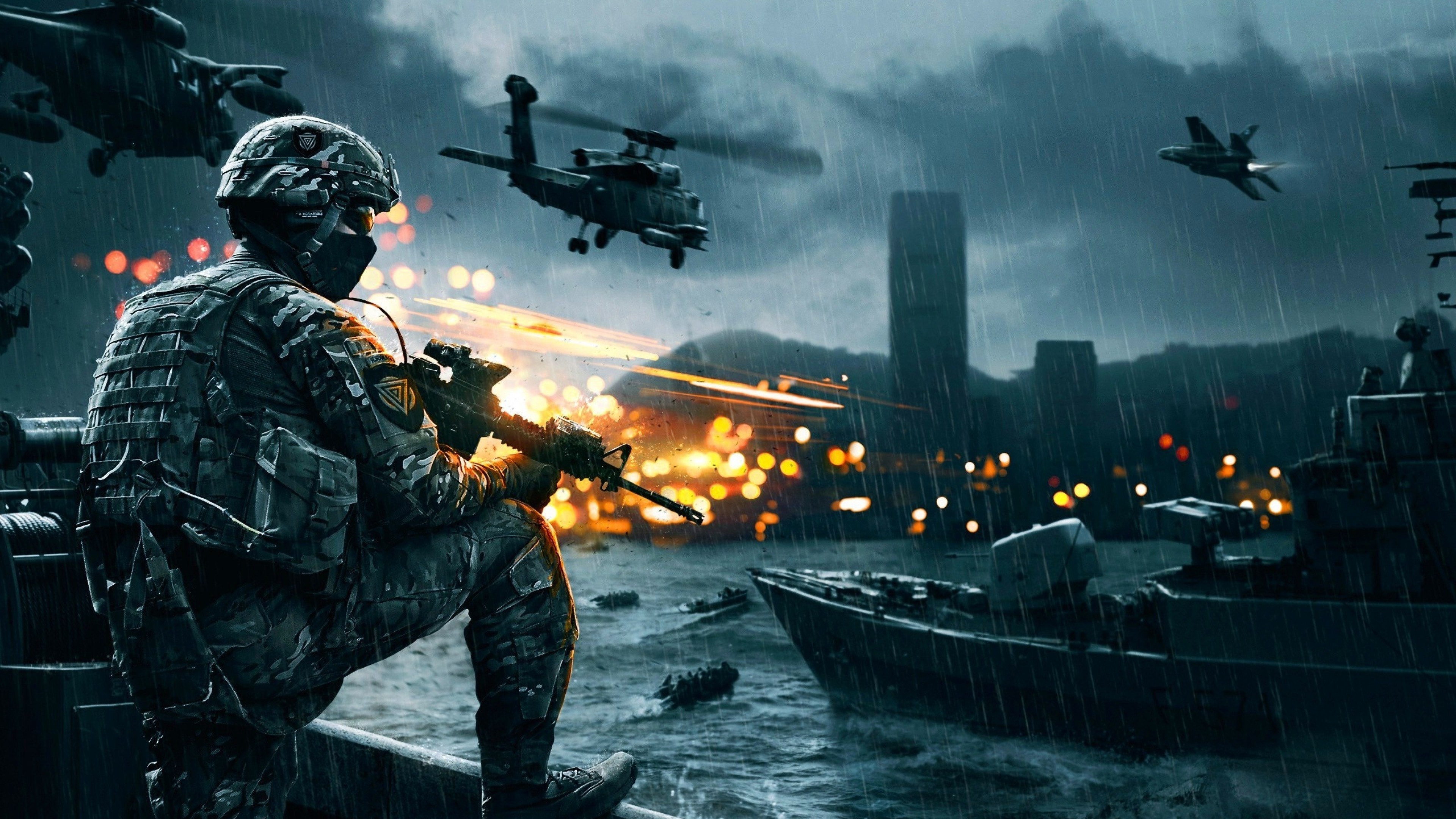 Battlefield 4, Soldato, Elicotteri, Skyline, Pioggia, 4K, sfondo desktop