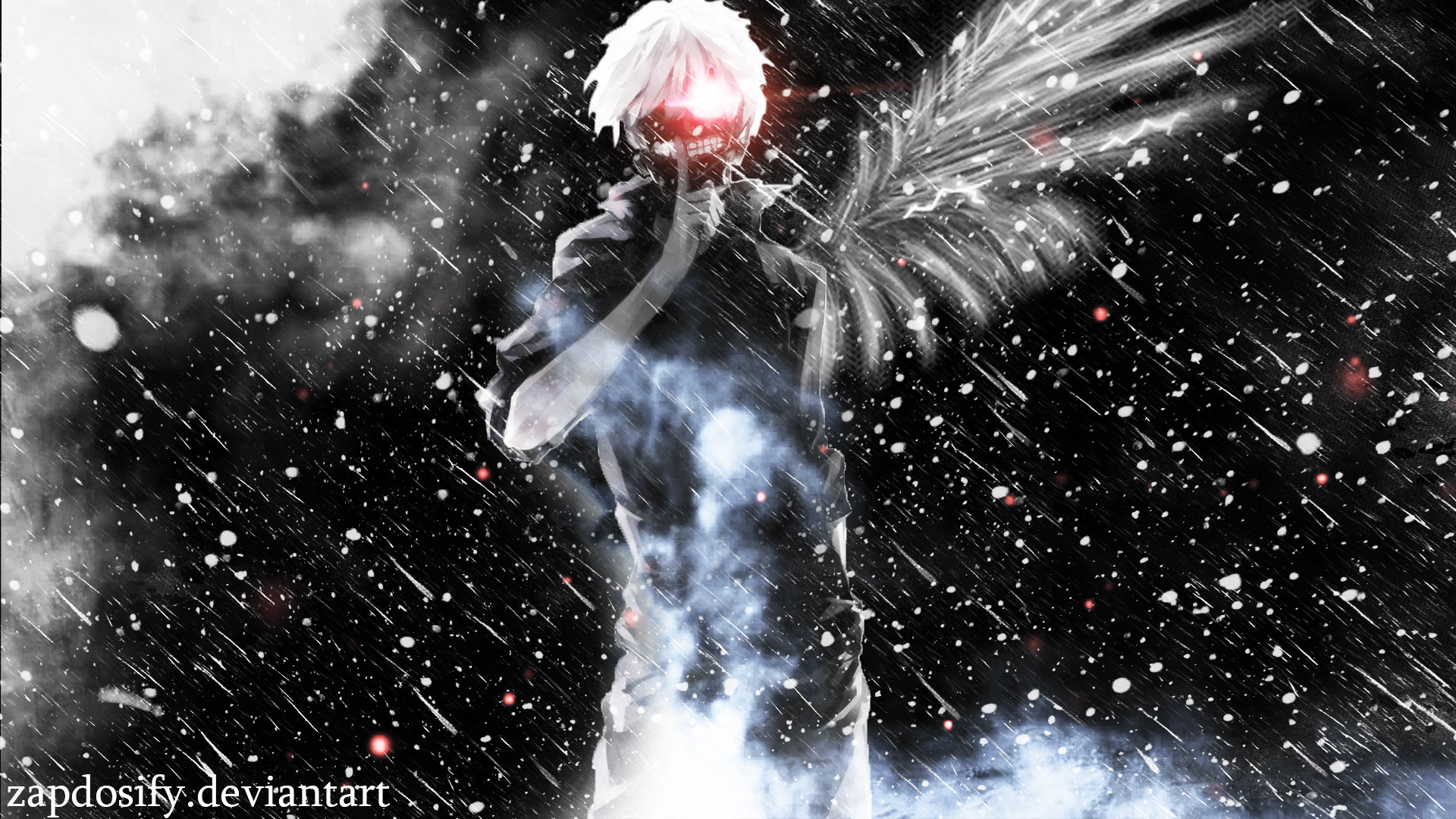 Ken Kaneki, Tokyo Ghoul, Ali, Neve, Bianco e nero, 1920x1080, sfondo per PC