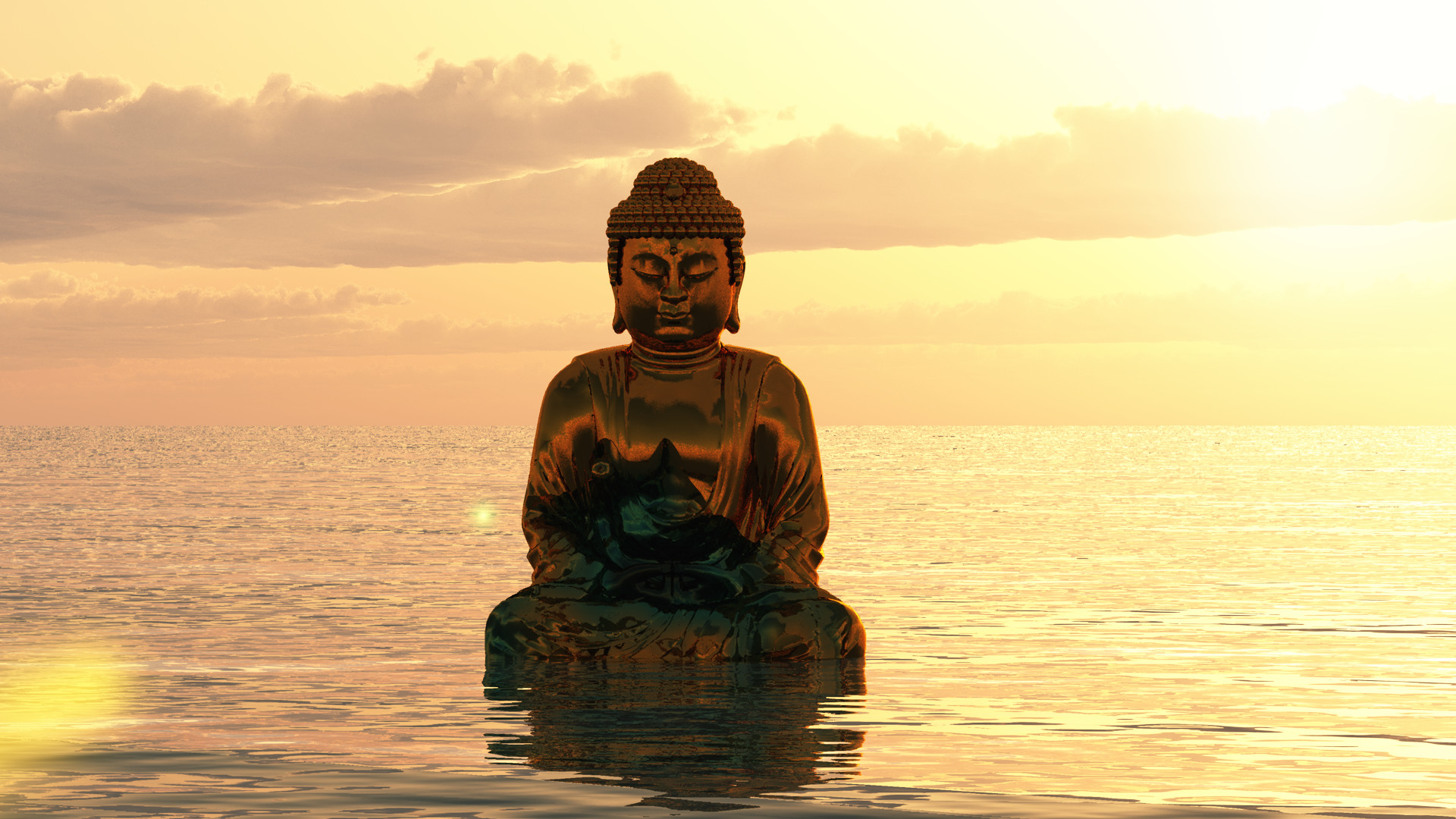 Buddha, Statua di Buddha, Meditazione, Mare, Tramonto, Cielo dorato, Riflesso, wallpaper Full HD