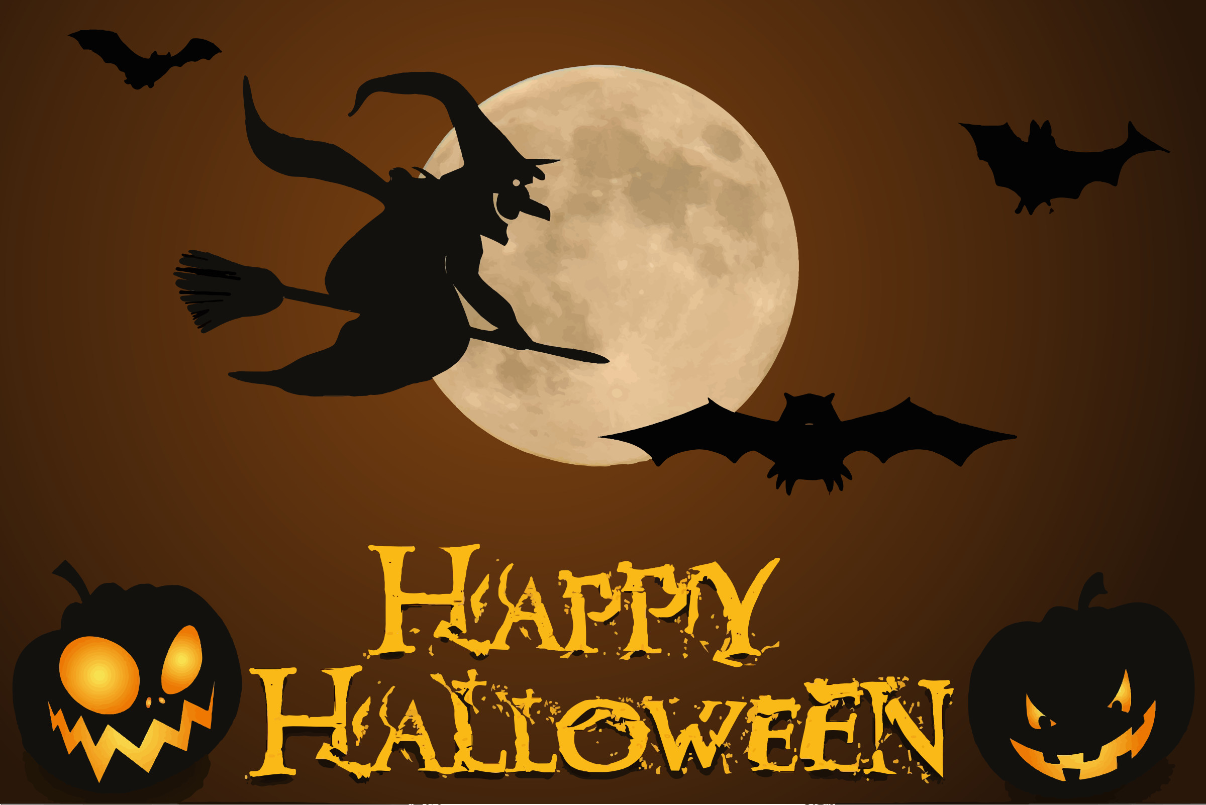 Strega su scopa, Luna piena, Happy Halloween, Pipistrelli, Jack-o'-lantern, sfondo Full HD per PC
