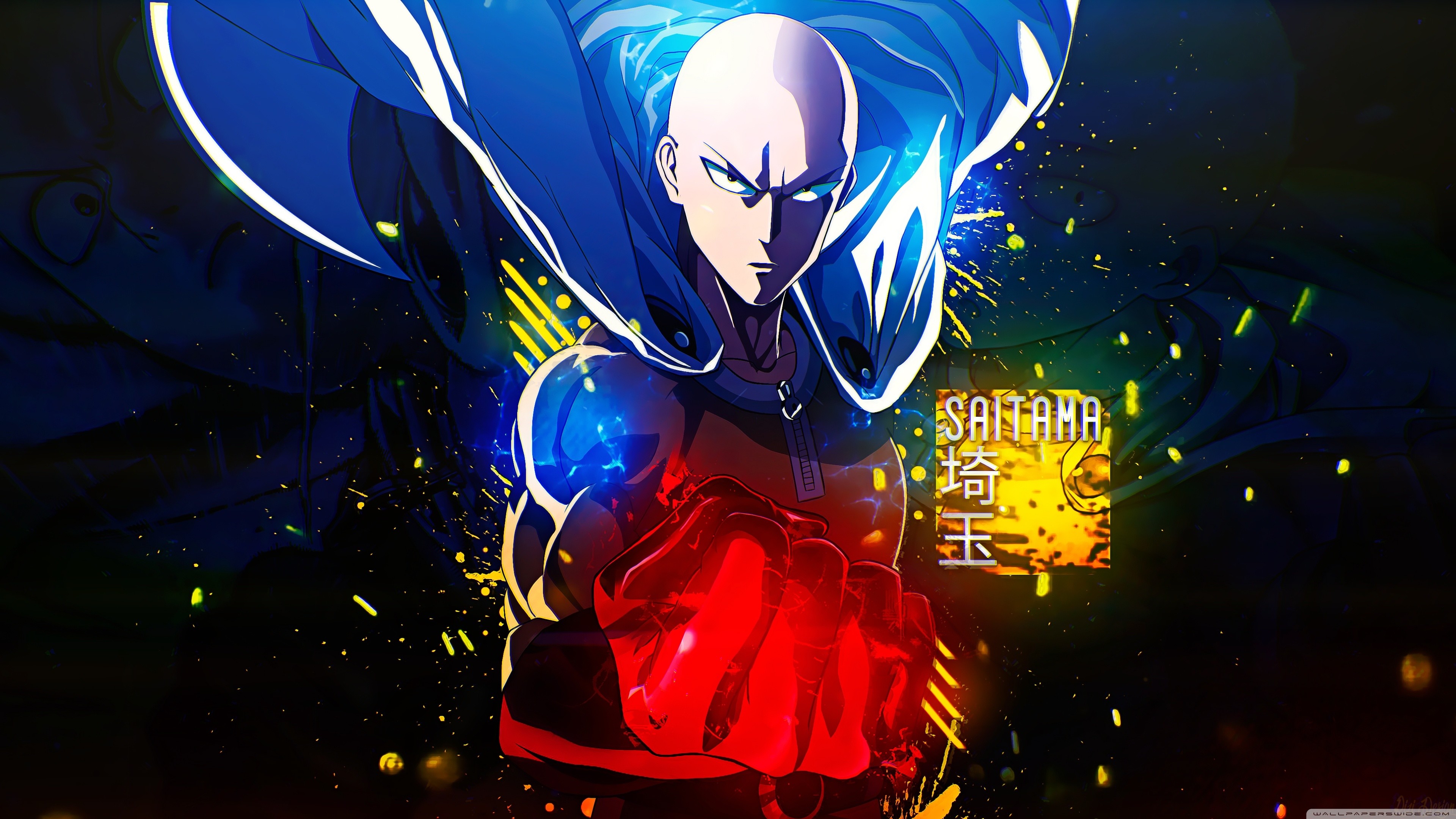 Saitama, One Punch Man, Pugno, Blu, 4K 2160p, sfondo desktop