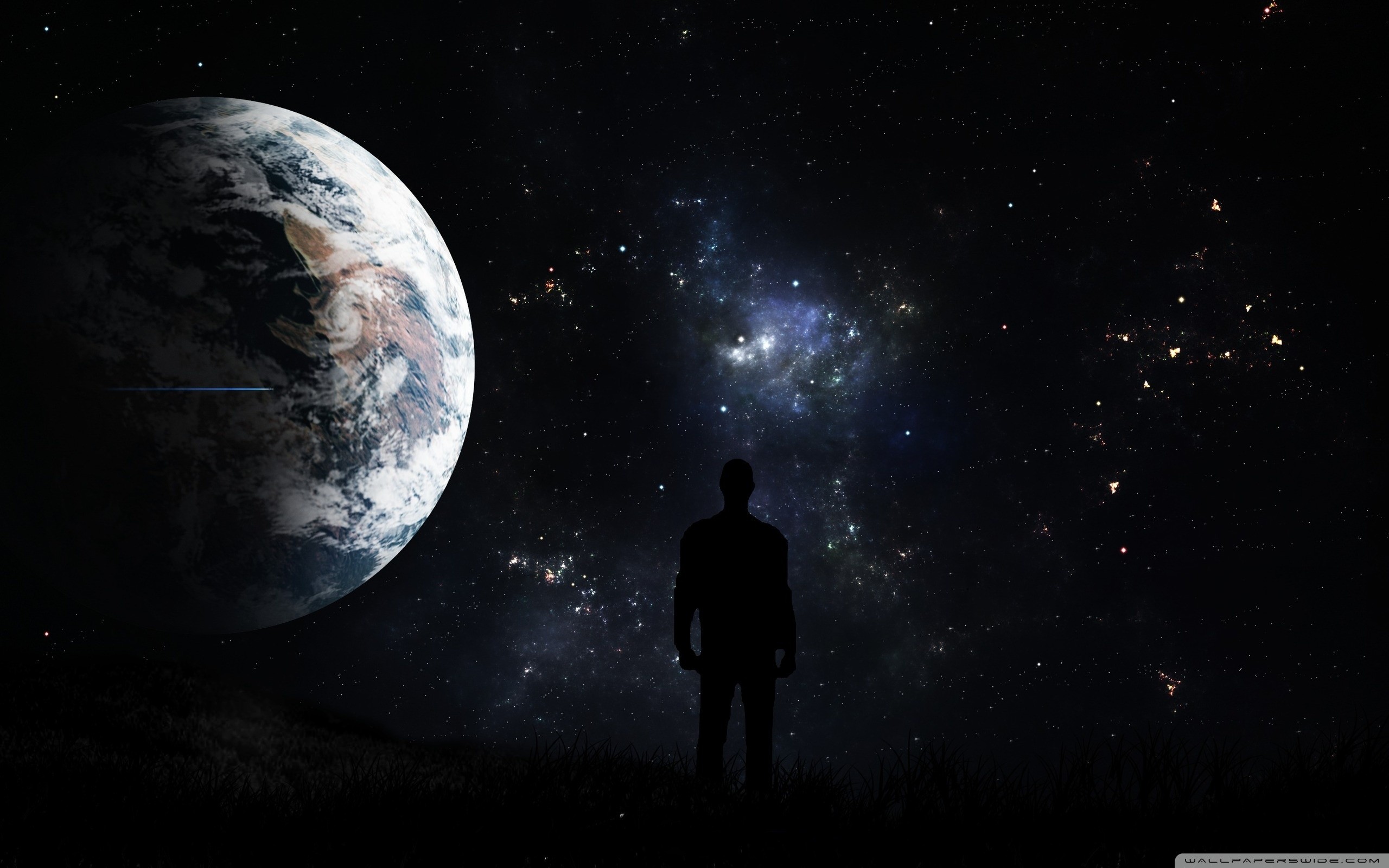Terra, Silhouette, Uomo, Spazio, Stelle, 2K, sfondo desktop