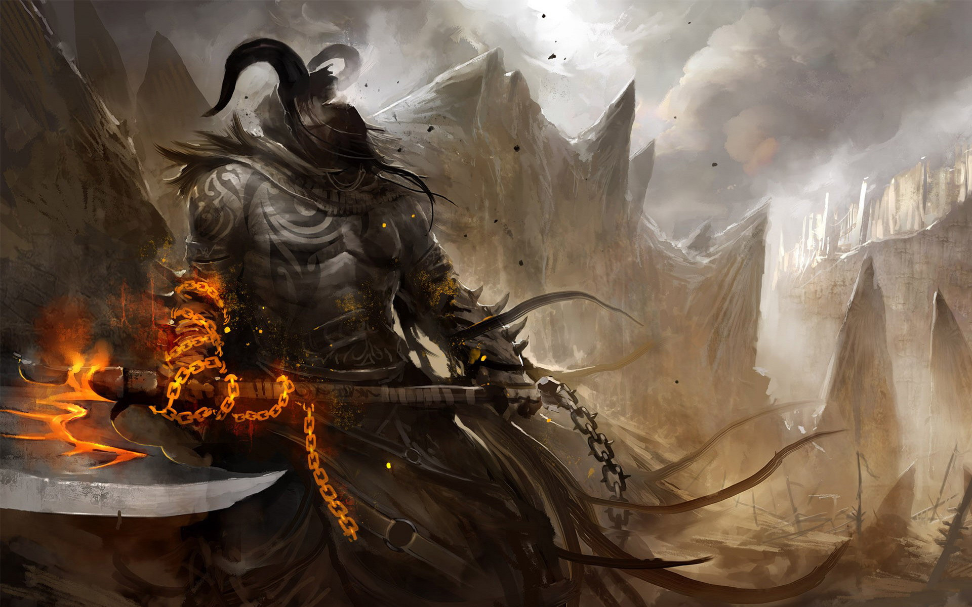 Guerriero oscuro, Spada infuocata, Catene, Dark fantasy, Montagne, Arte digitale, sfondo per PC