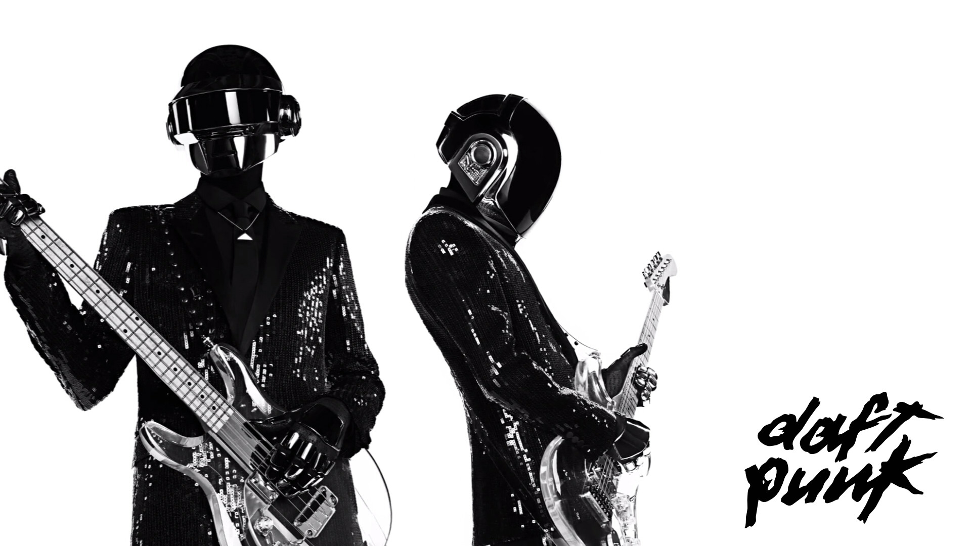 Daft Punk, Chitarra, Basso, Bianco e nero, Logo, 16:9 Full HD, sfondo widescreen