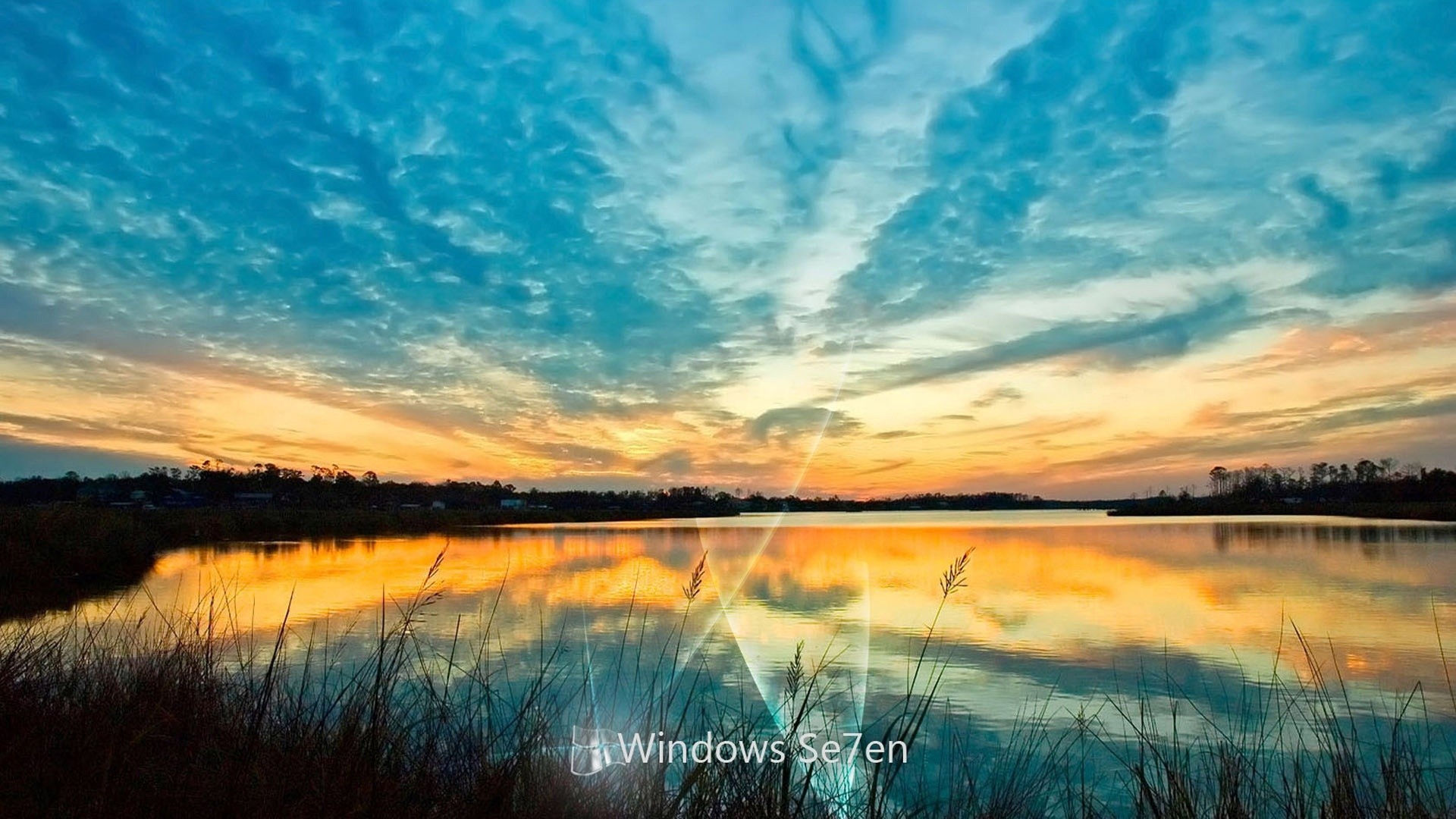 Windows Seven, Tramonto, Lago, Riflesso, 16:9 Full HD, sfondo widescreen
