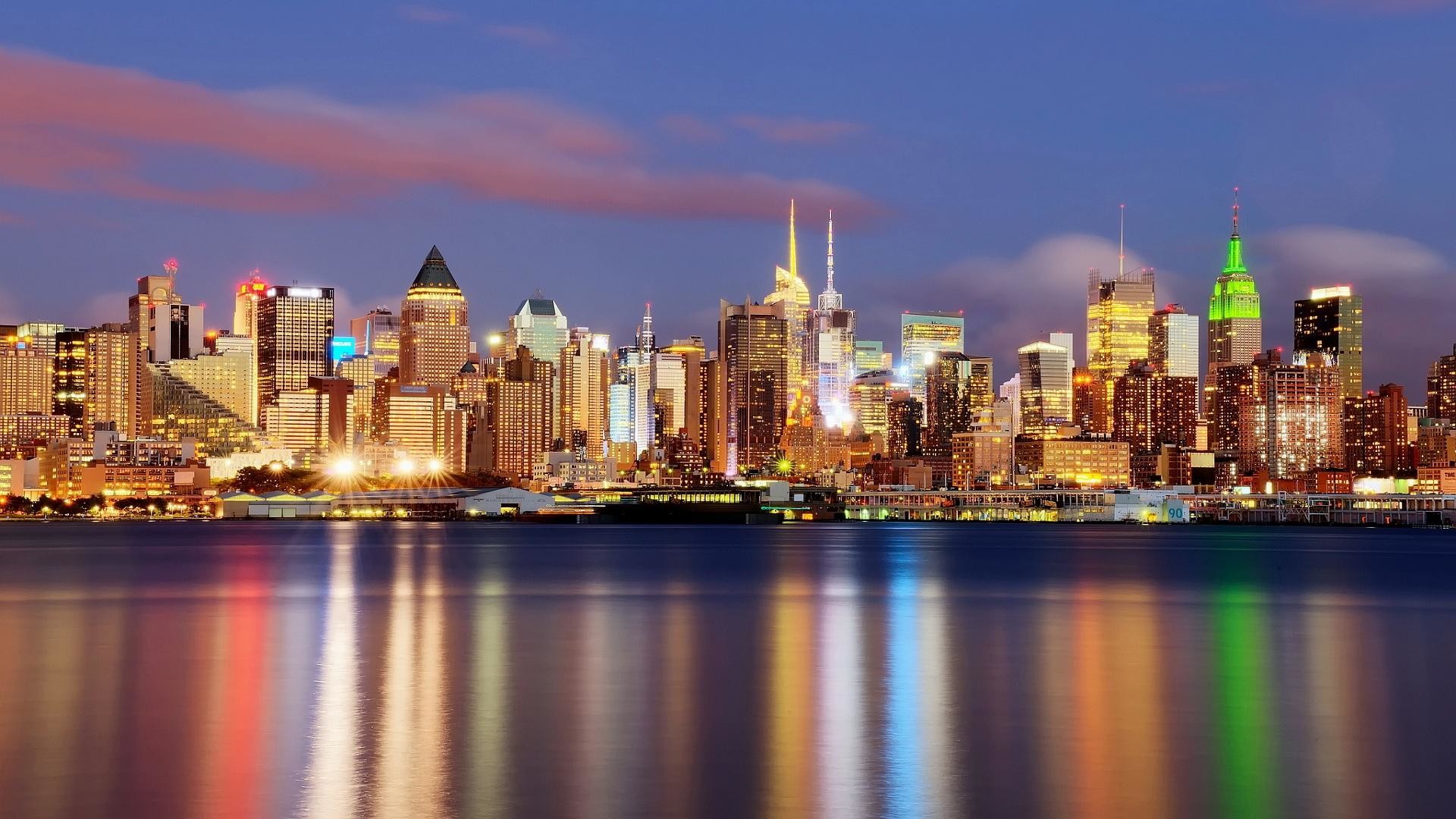 Manhattan, New York, Skyline, Notte, Riflessi, Full HD, wallpaper per portatile