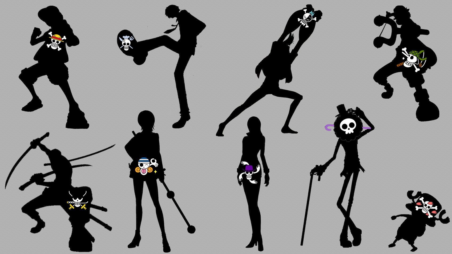 Ciurma di Cappello di Paglia, One Piece, Silhouette, Jolly Roger, Sfondo grigio, wallpaper Full HD