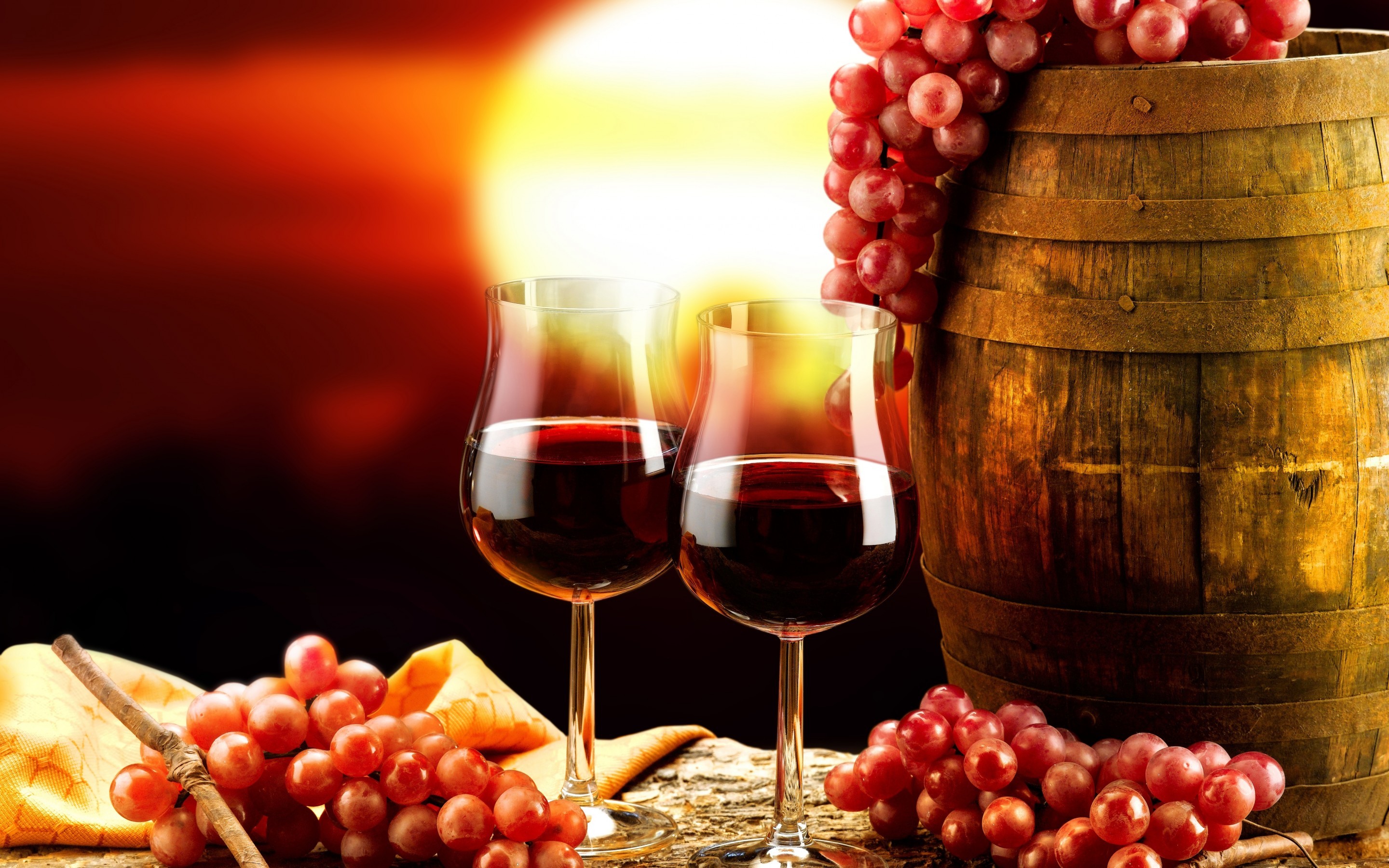 Vino rosso, Calici, Botte, Uva rossa, Tramonto, 2880x1800, immagine di sfondo