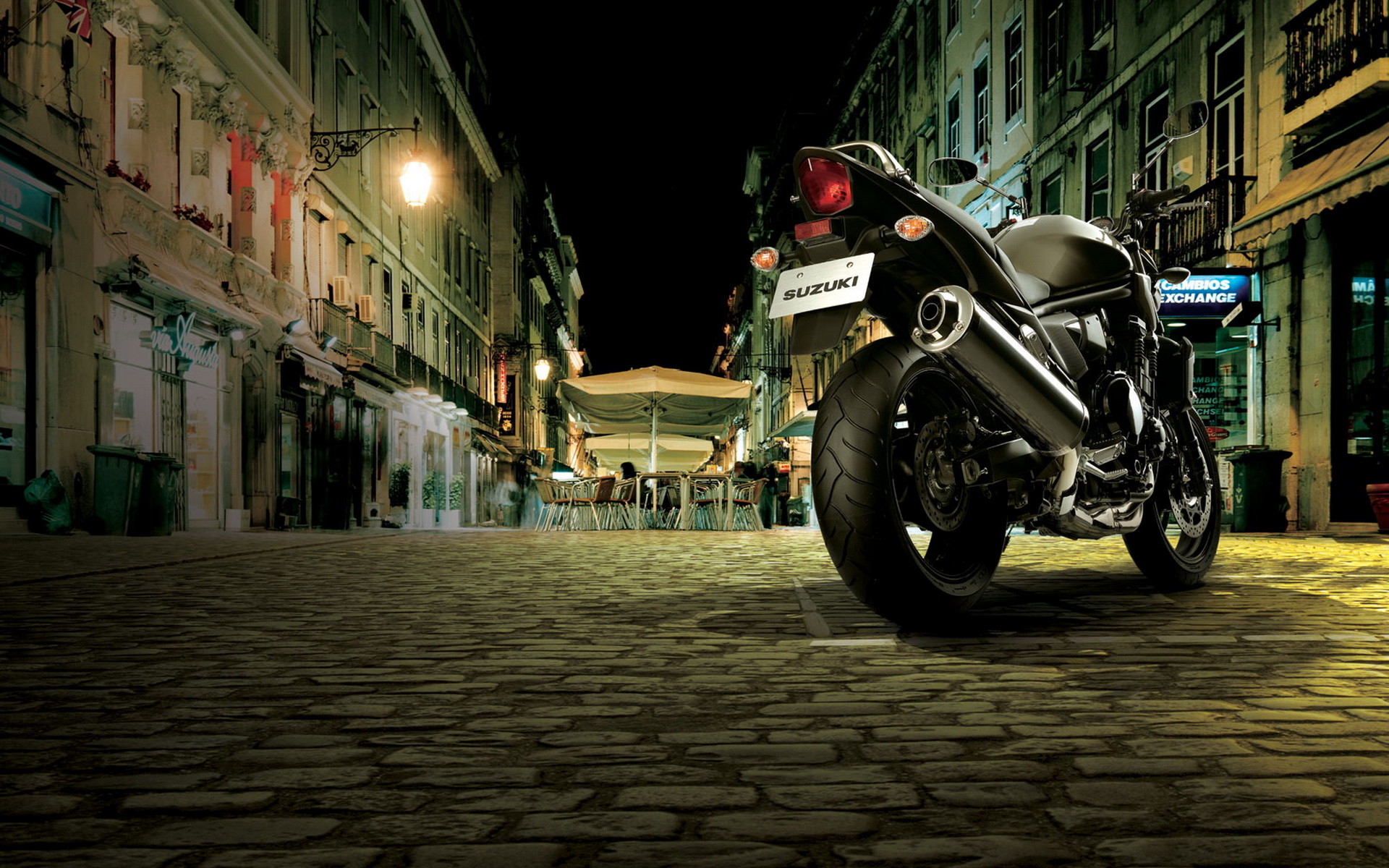 Suzuki, Moto, Strada acciottolata, Notte, Full HD, sfondo desktop