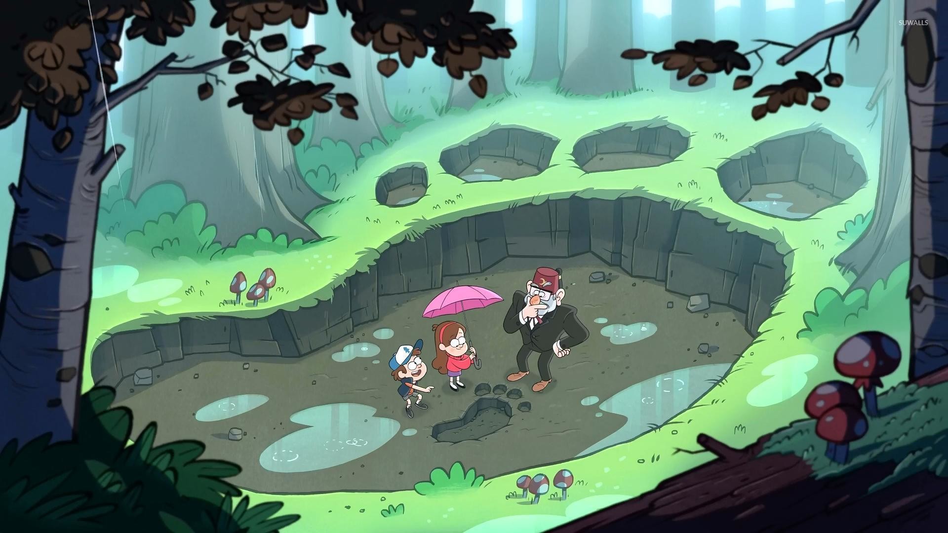 Gravity Falls, Impronte giganti, Dipper Pines, Mabel Pines, Stan Pines, Foresta, sfondo 1080p