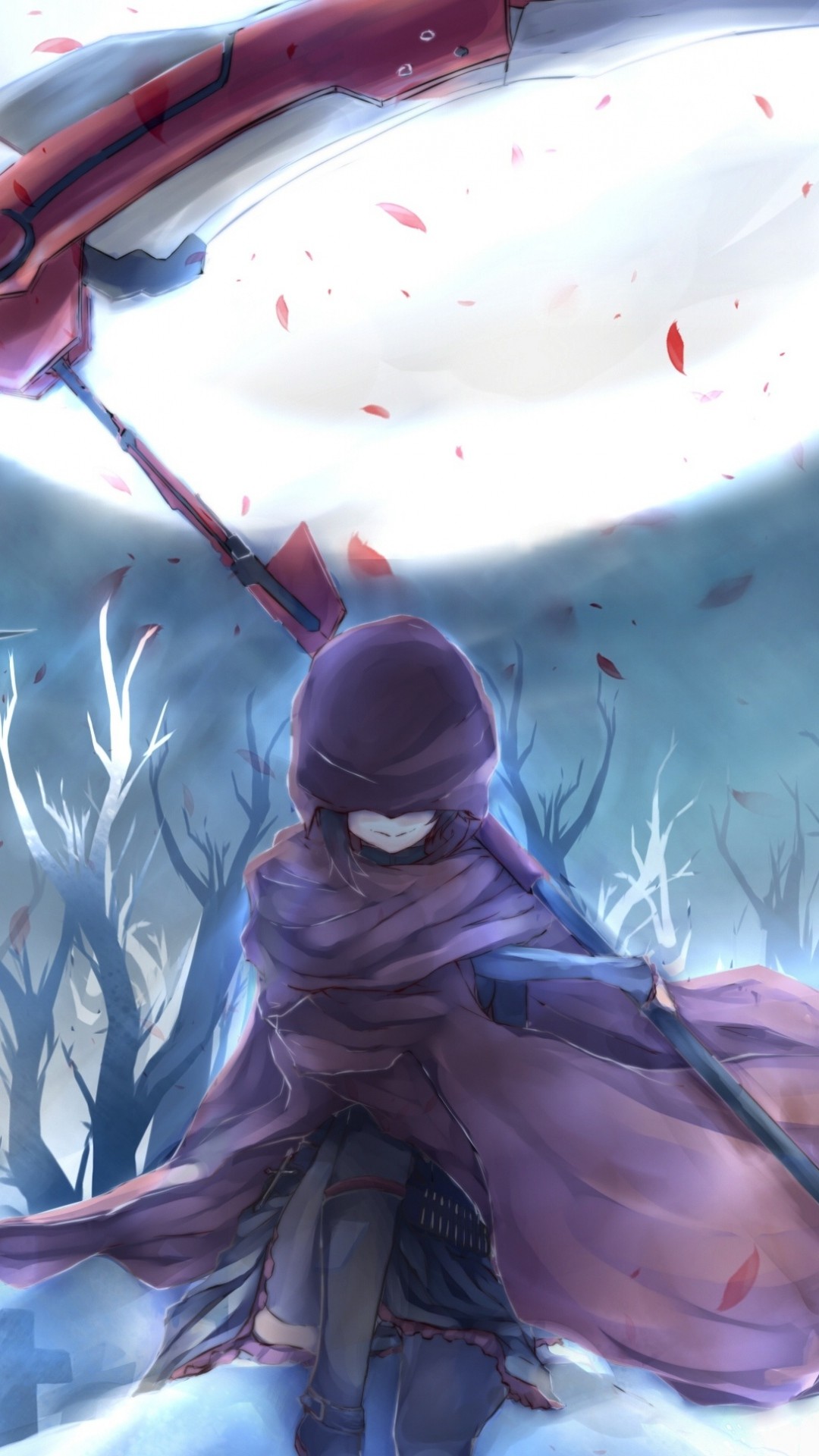 Ruby Rose, RWBY, Mantello rosso, Falce, Neve, Full HD, schermata di blocco del cellulare