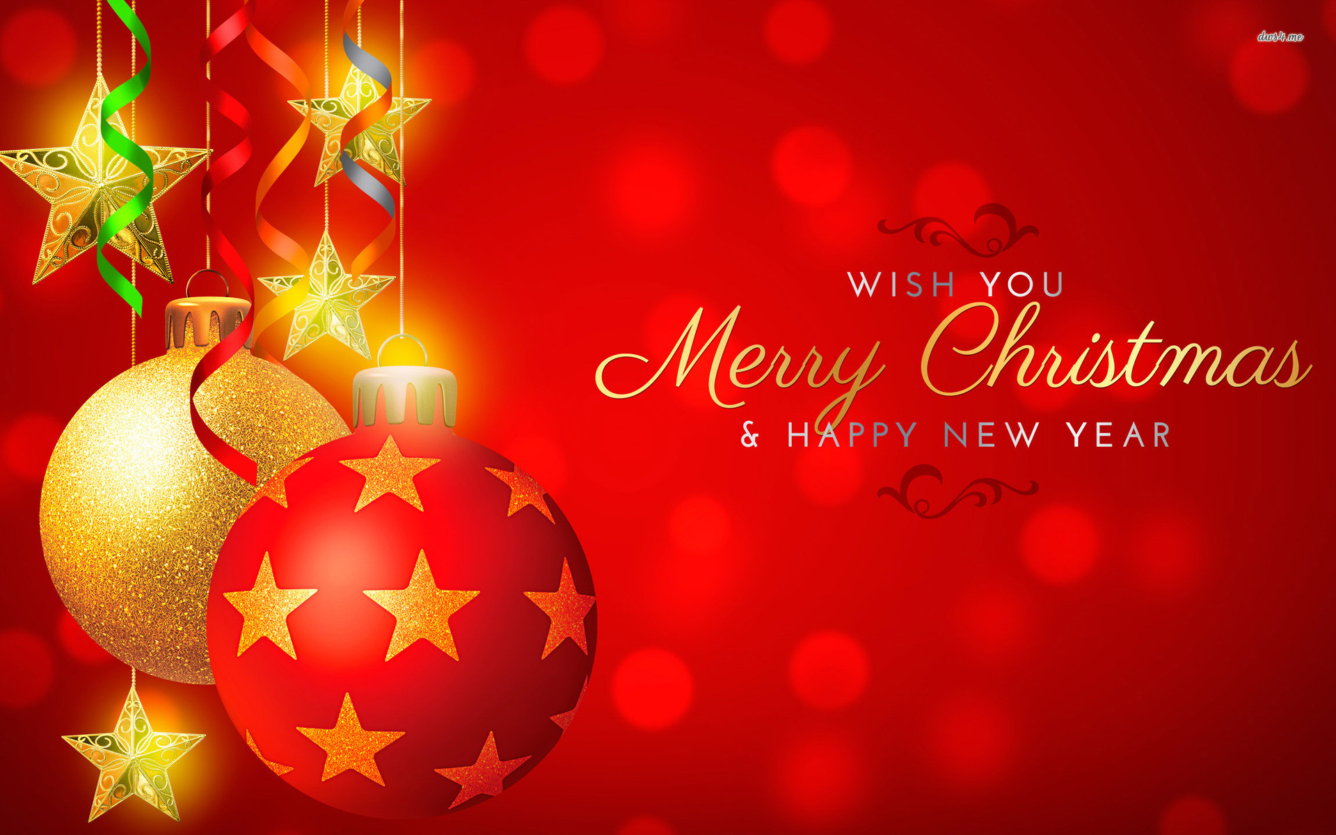 Palline di Natale, Stelle, Buon Anno, Sfondo rosso, Oro, 16:10 Full HD, wallpaper widescreen