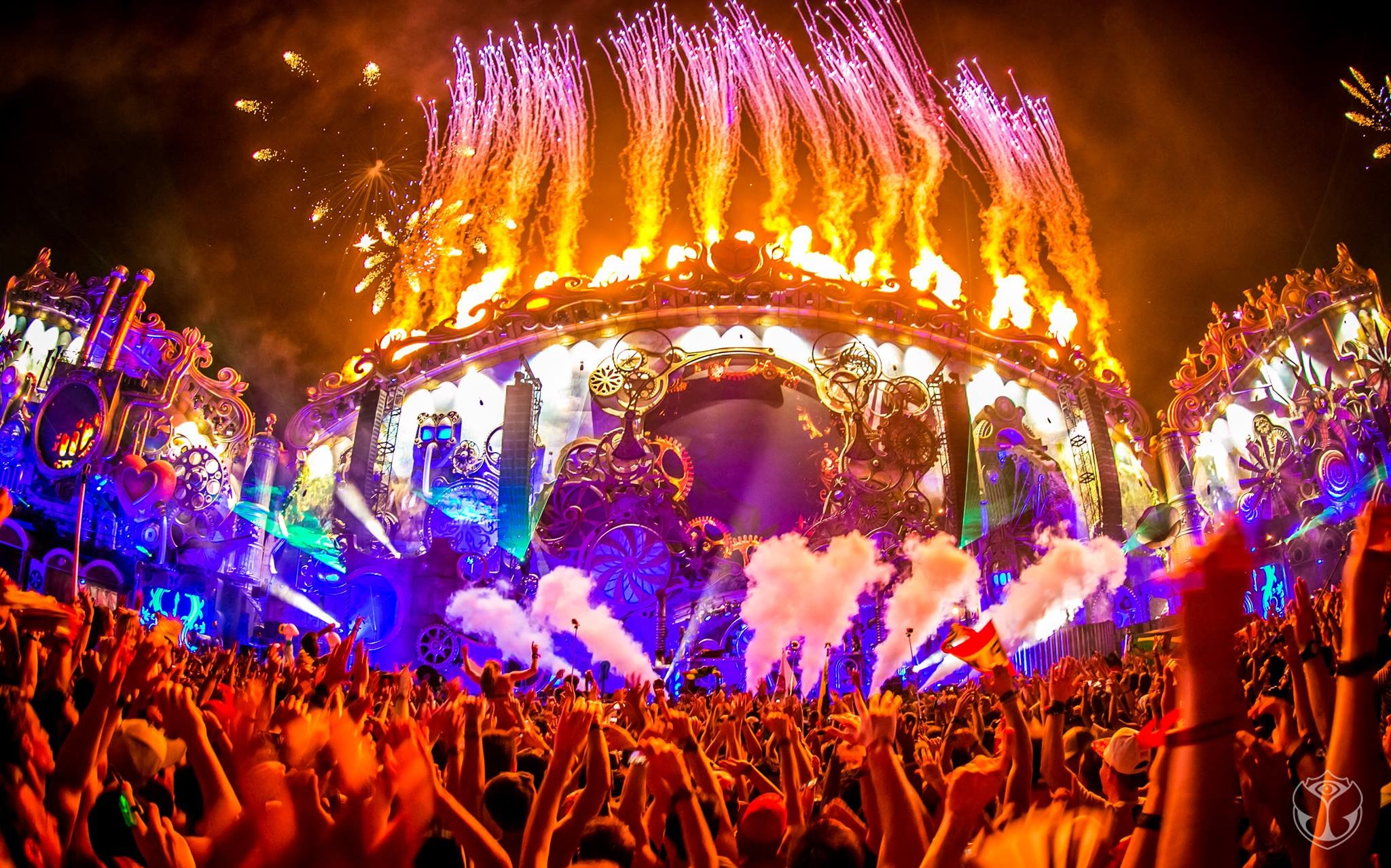 Tomorrowland, Main stage, Fuochi pirotecnici, Folla, 2048x1279, sfondo MacBook Pro