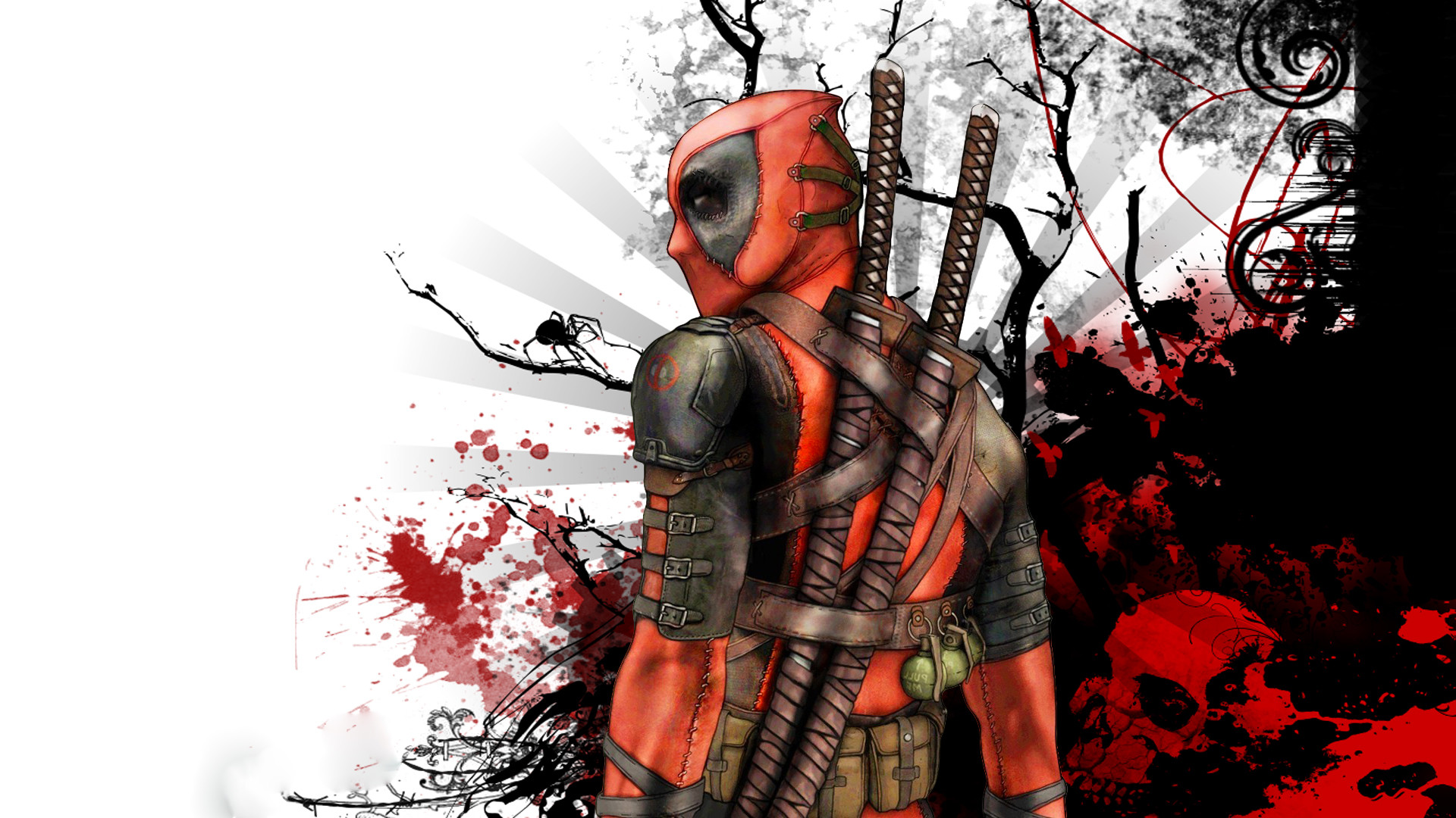 Deadpool, Katane, Schizzi rossi, Alberi, 1920x1080, immagine di sfondo