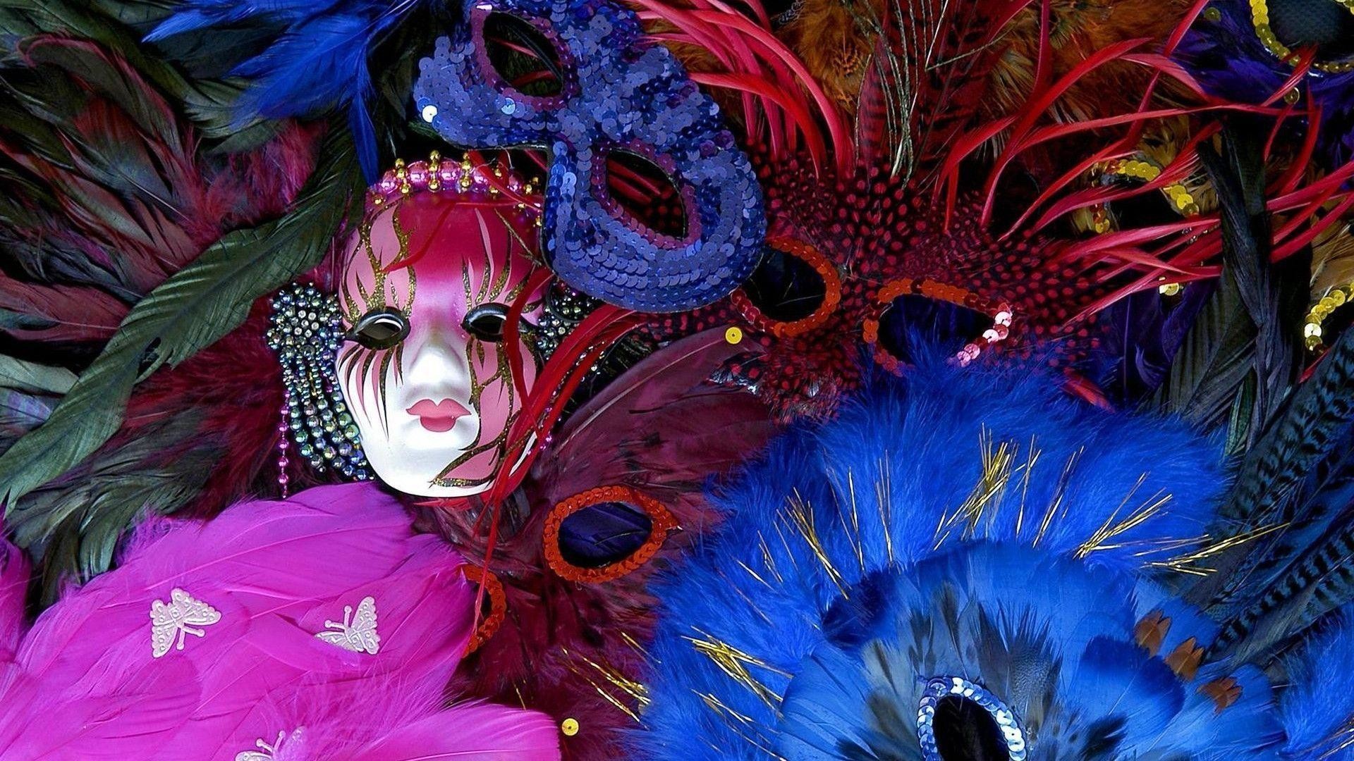 Maschere veneziane, Piume, Fucsia, Blu, 1920x1080, sfondo per PC
