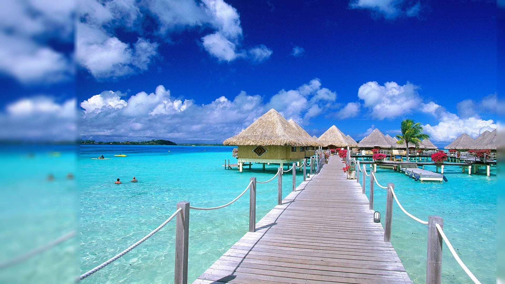 Bora Bora, Bungalow sull'acqua, Pontile, Mare turchese, wallpaper per desktop