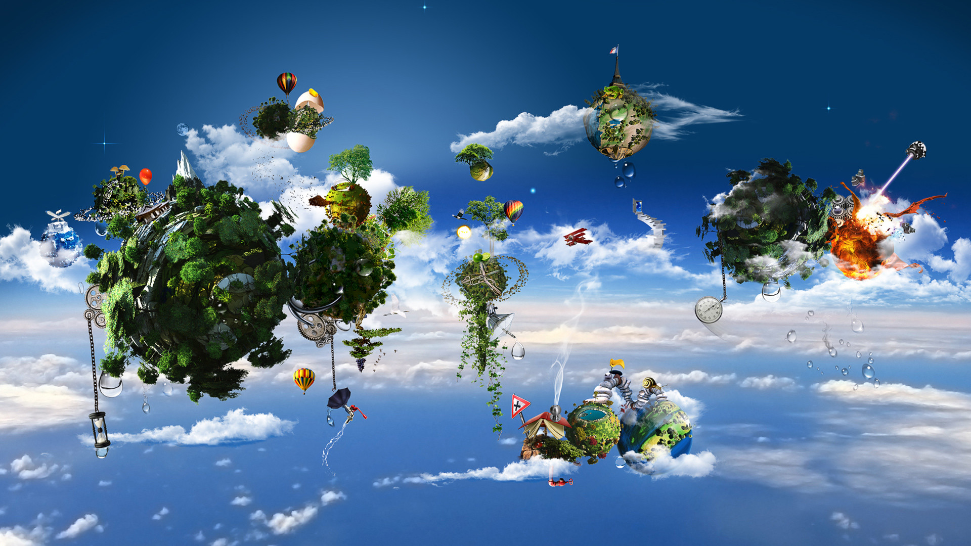 Isole fluttuanti, Mongolfiere, Cielo, Fantasy, Arte digitale, Full HD, wallpaper desktop