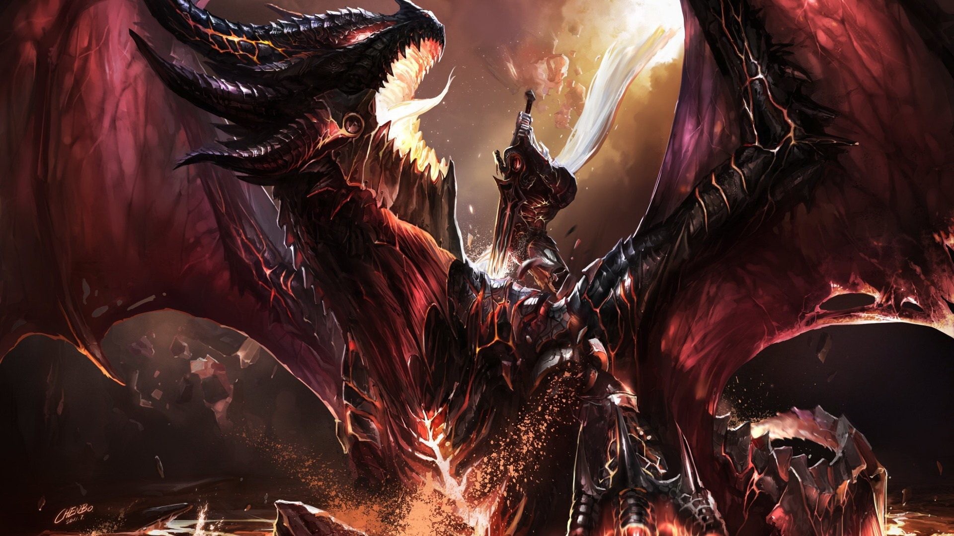 Drago, Fantasy, Fuoco, Rosso, Arte digitale, 16:9 Full HD, sfondo widescreen