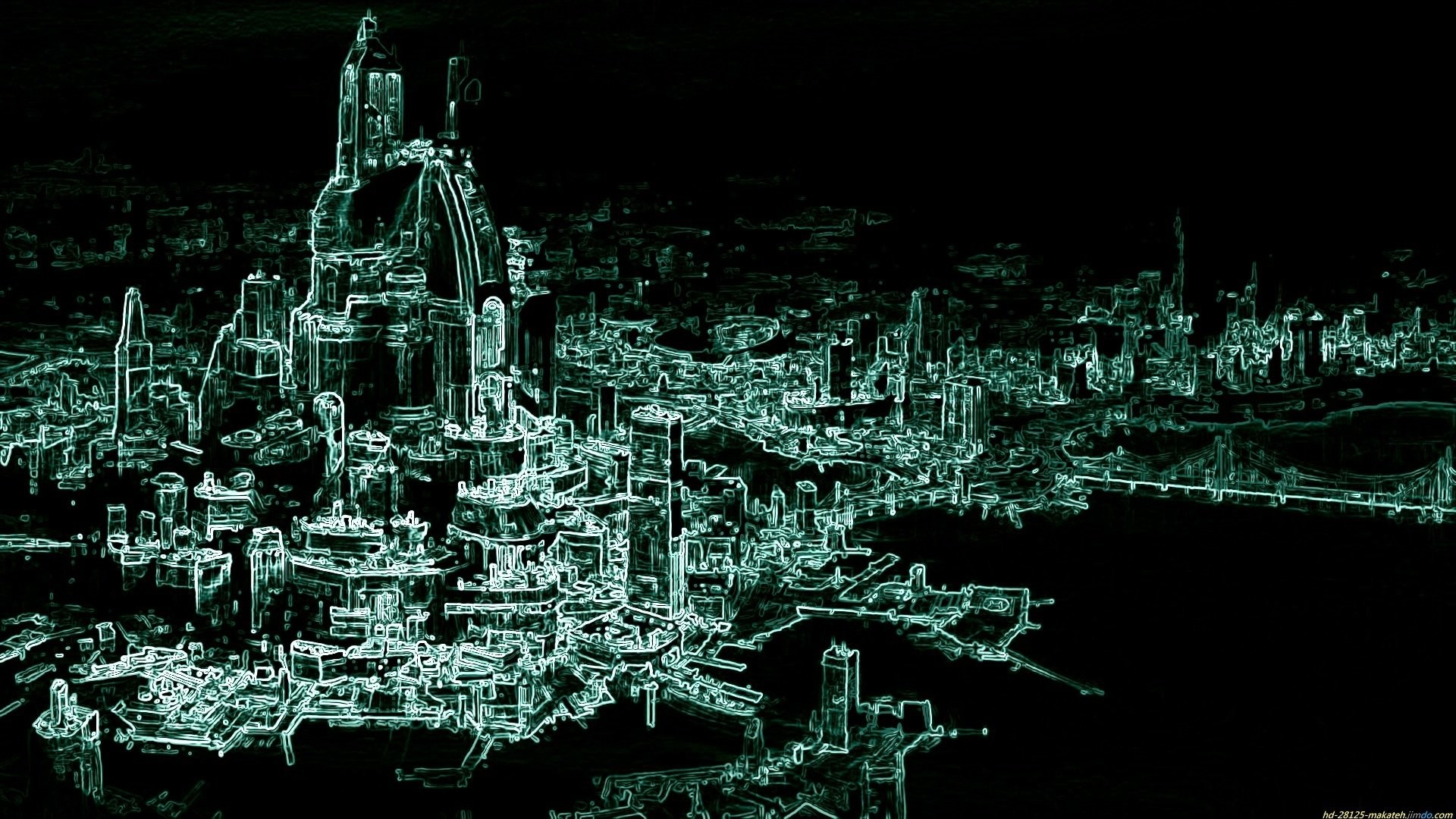 Città olografica, Wireframe, Verde neon, Sfondo nero, Full HD, wallpaper desktop