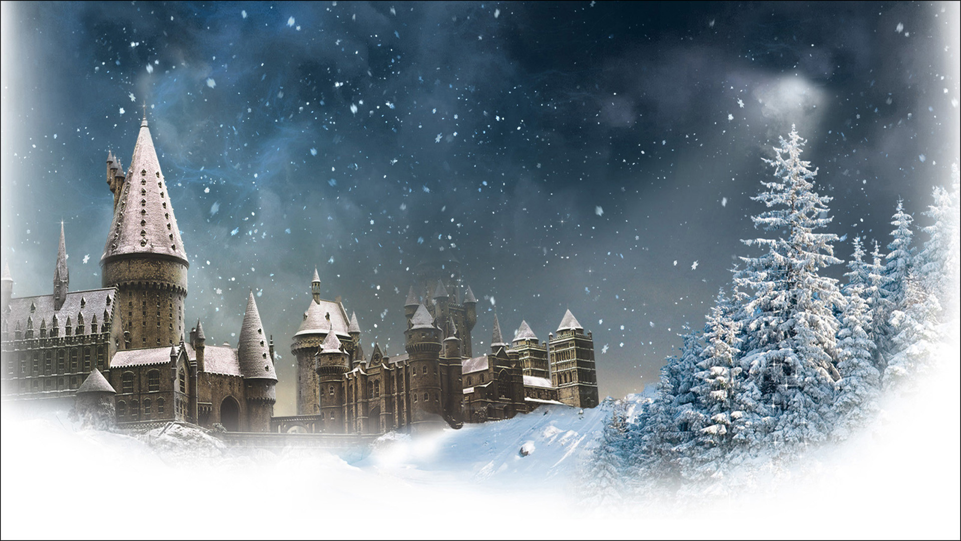 Castello di Hogwarts, Neve, Inverno, Abeti, Full HD 1080p, sfondo desktop