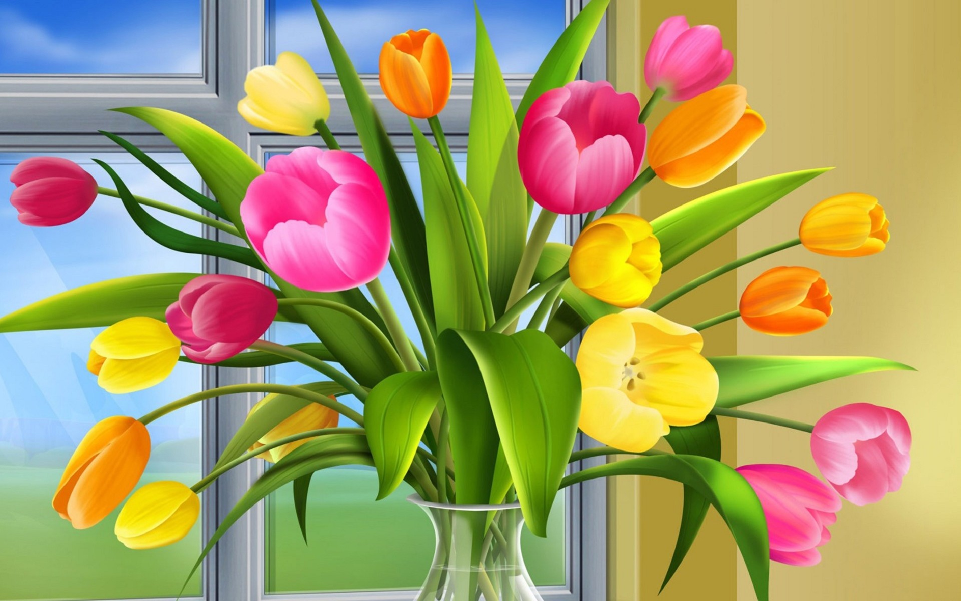 Tulipani, Vaso, Finestra, Illustrazione, Full HD, sfondo per PC