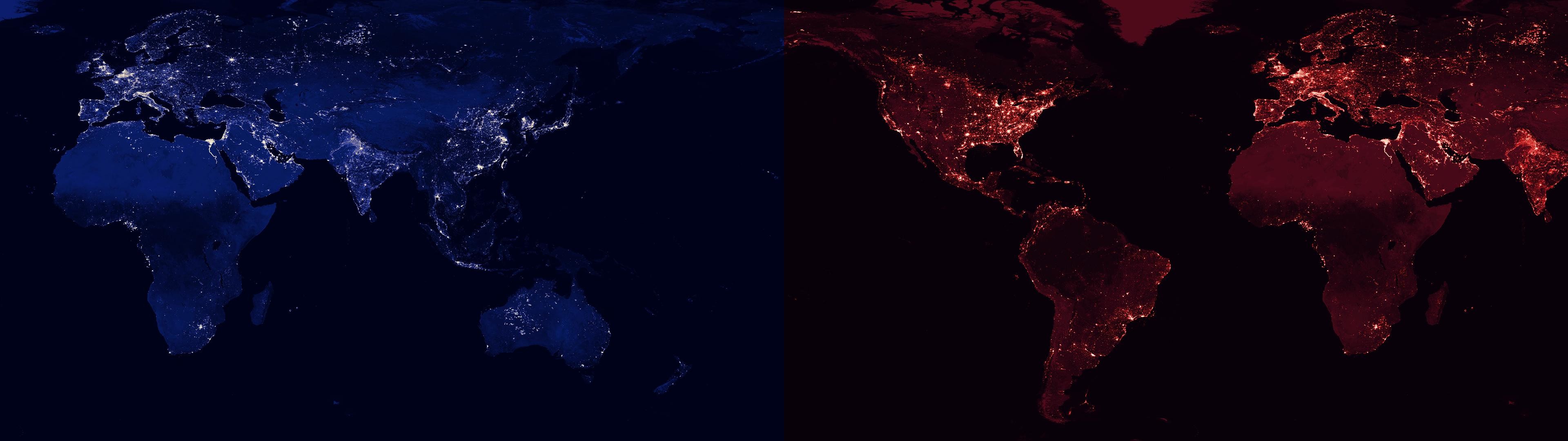 Terra di notte, Luci delle città, Blu, Rosso, 3840x1080, immagine di sfondo