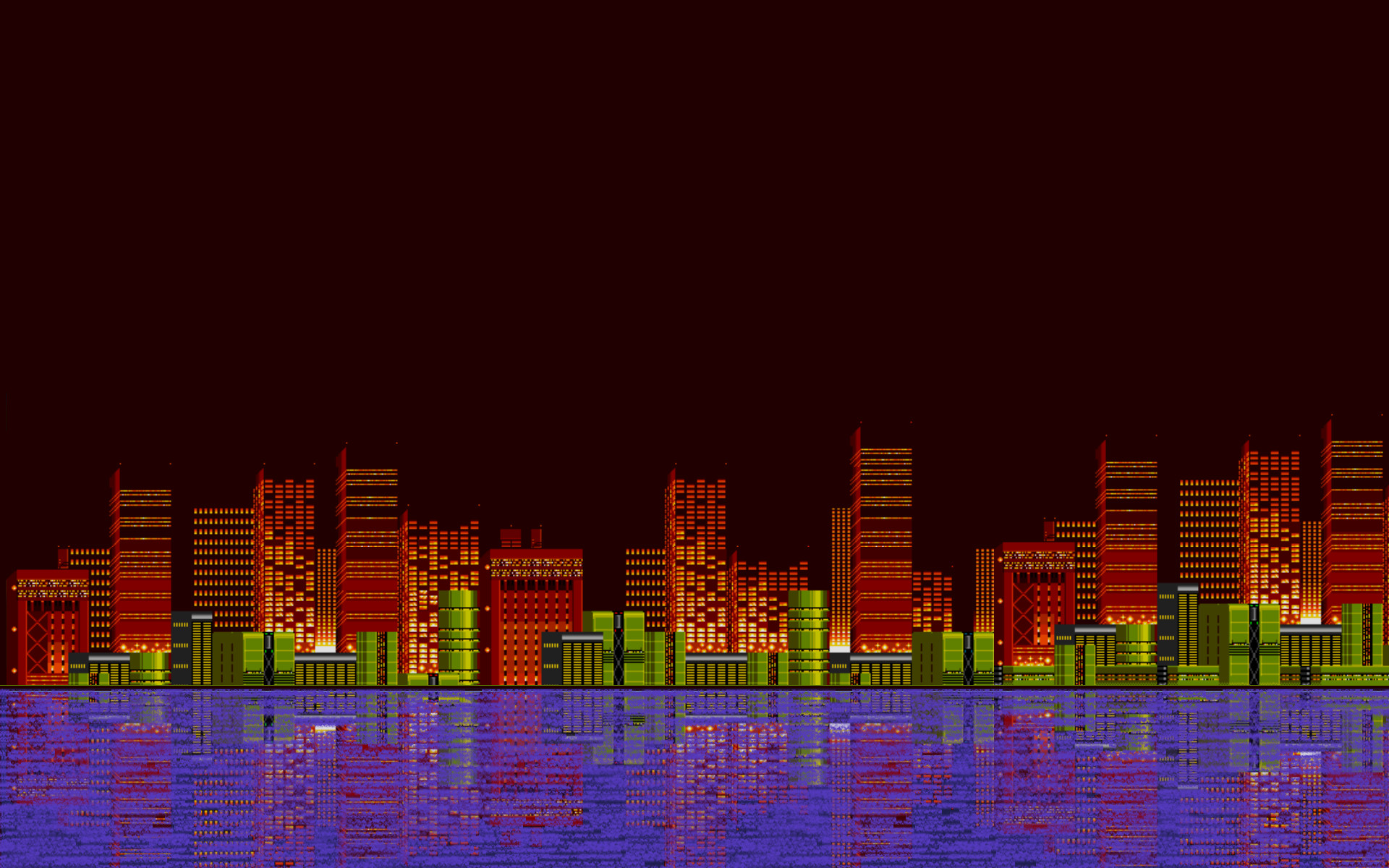 Pixel art, Skyline, Riflesso nell'acqua, Notte, Rosso, 1920x1200, sfondo MacBook Pro