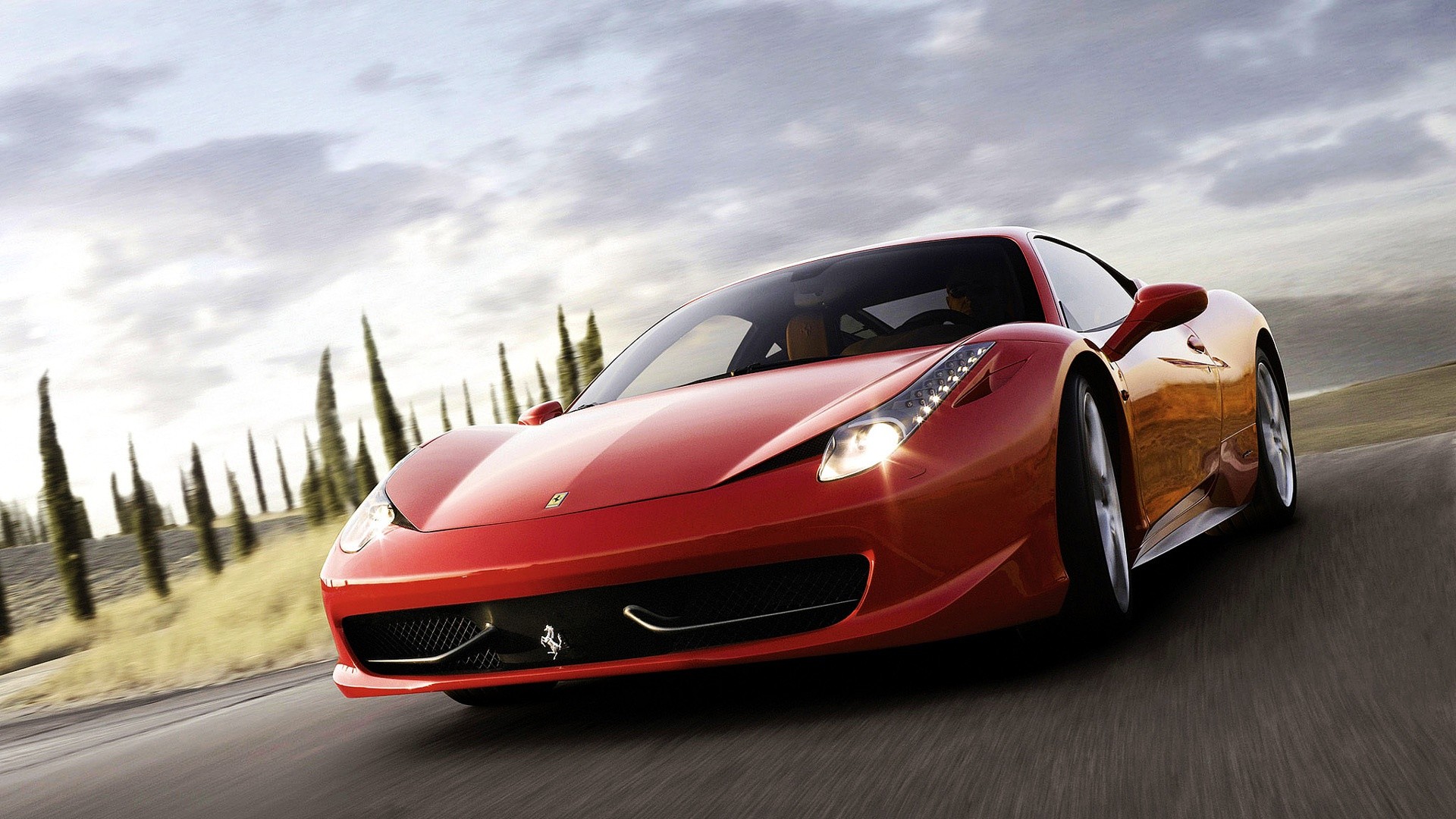 Ferrari 458 Italia, Rosso, Cipressi, Strada, Mosso, 16:9 Full HD, sfondo widescreen