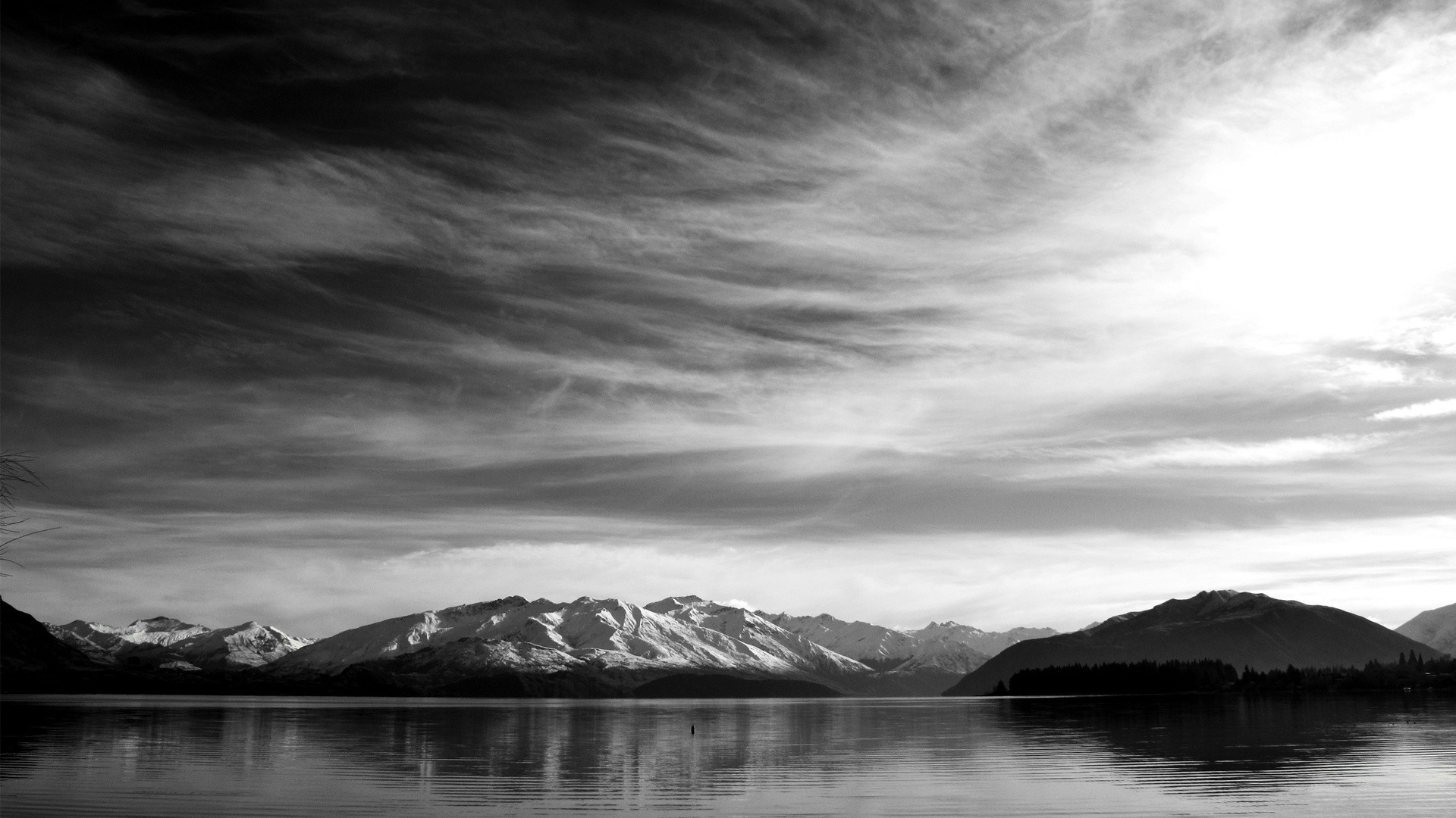Montagne, Lago, Nuvole, Bianco e nero, 1920x1080, sfondo per PC